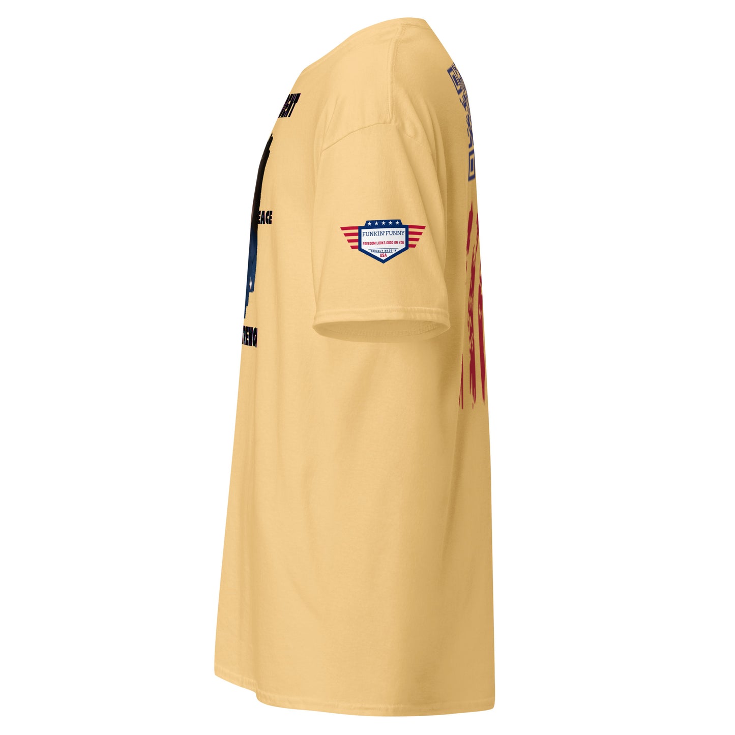 Left side view of light yellow tee showing eagle flag patch and back stripes edge