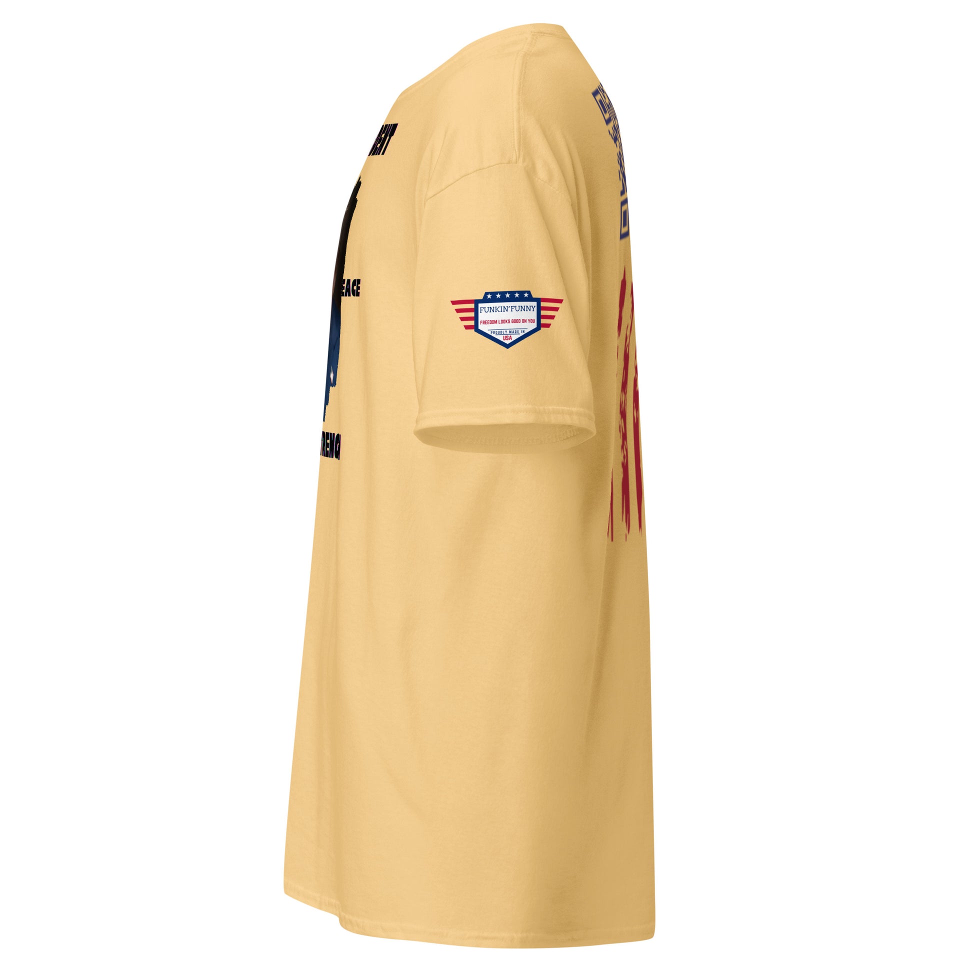 Left side view of light yellow tee showing eagle flag patch and back stripes edge