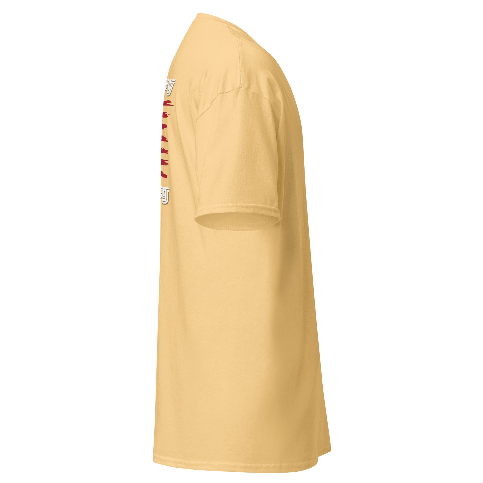 Left side view of yellow haze t-shirt with partial back flag and text edge