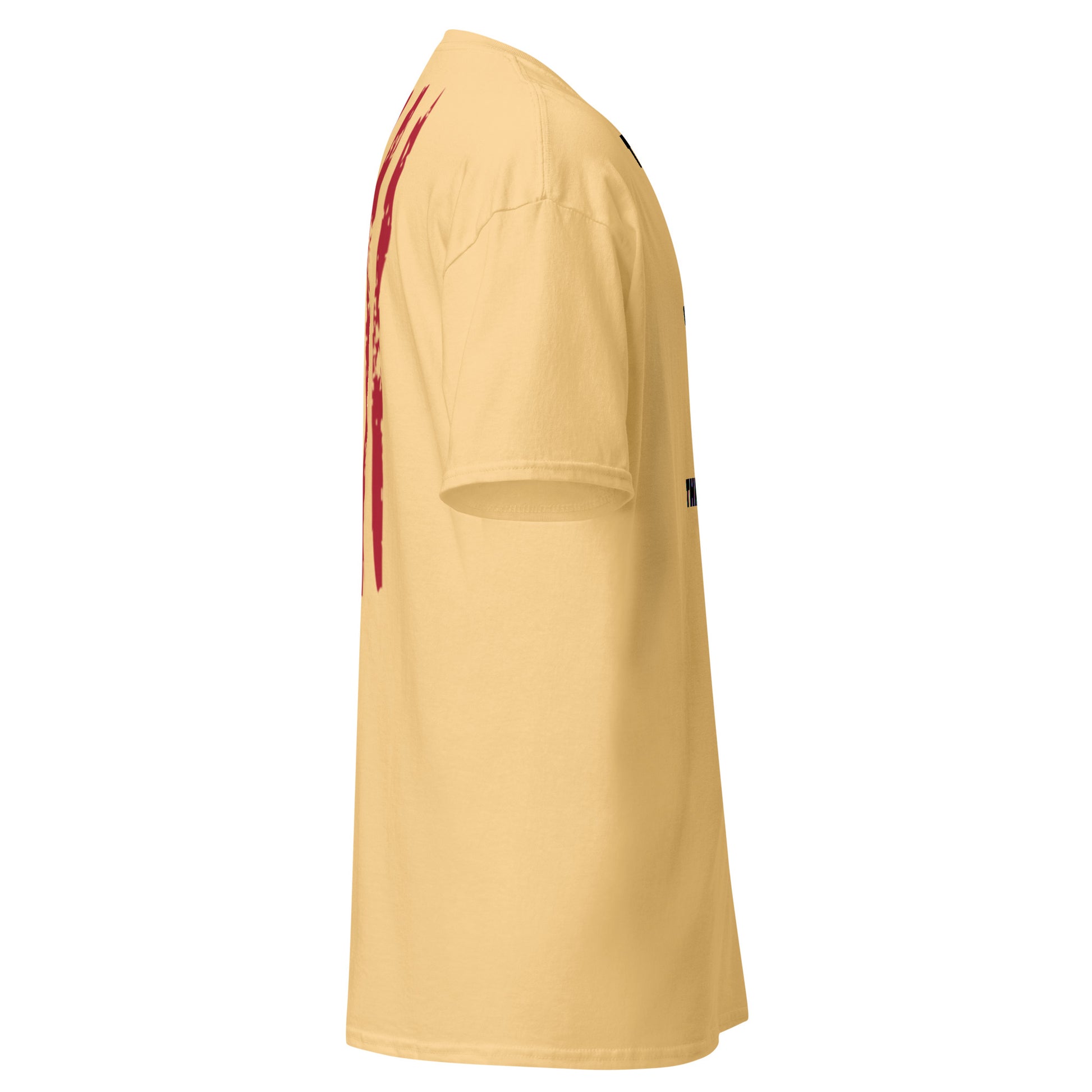 Right side view of light yellow tee revealing back's red flag stripes and sleeve details