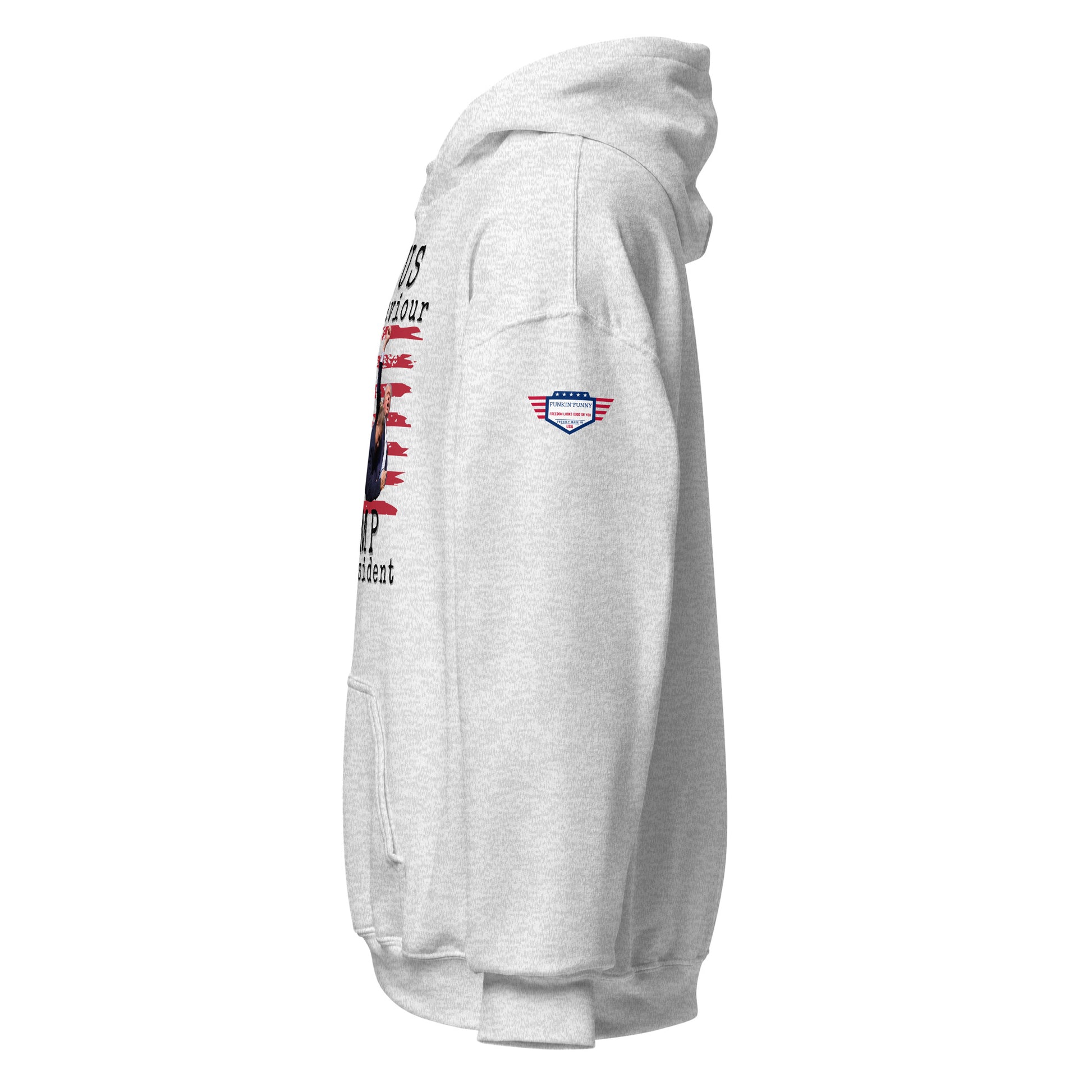 Right side view of gray unisex hoodie showing partial design, USA patch on sleeve, cozy pouch pocket