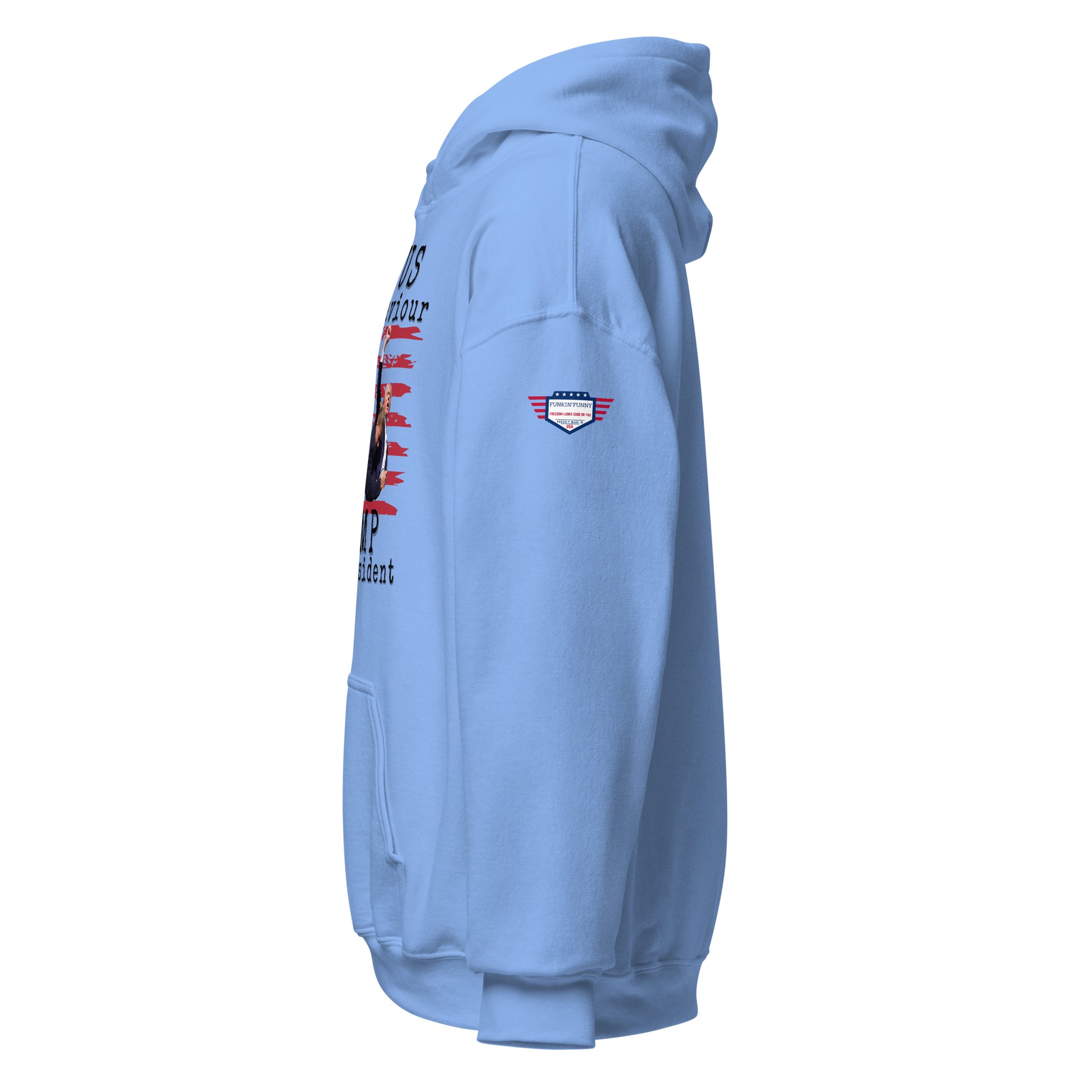 Right side view of light blue unisex hoodie with edge print, small US flag patch, hood, kangaroo pocket