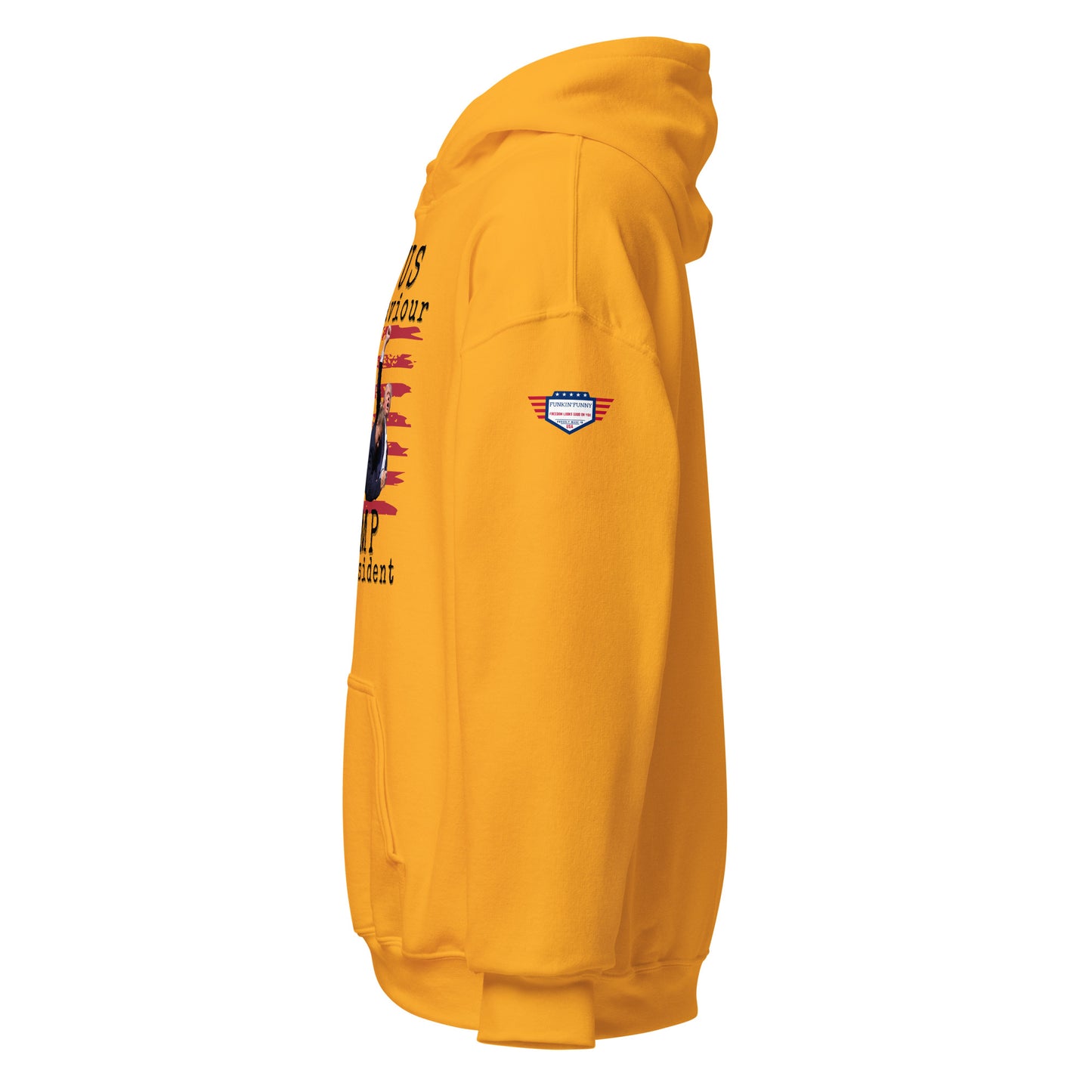 Right side view of gold unisex hoodie, partial flag-Trump print, USA sleeve patch, pouch pocket