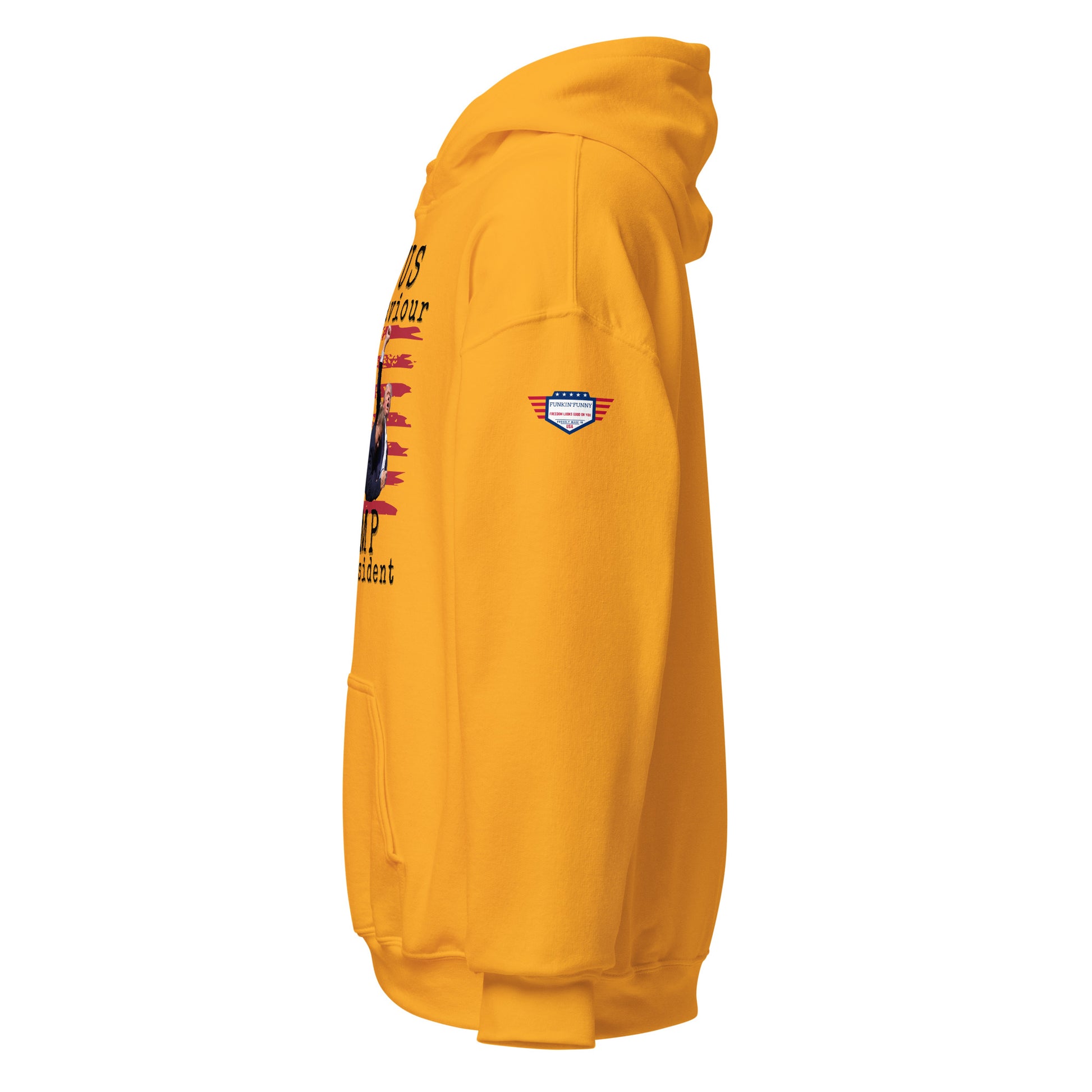 Right side view of gold unisex hoodie, partial flag-Trump print, USA sleeve patch, pouch pocket