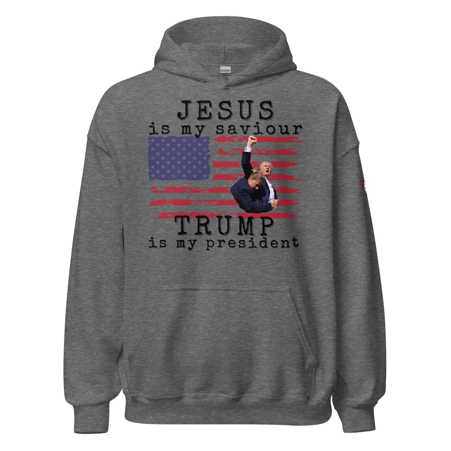 Front view of heather gray unisex hoodie with bold "JESUS is my saviour" text, Trump on US flag graphic, "Trump is my president" print