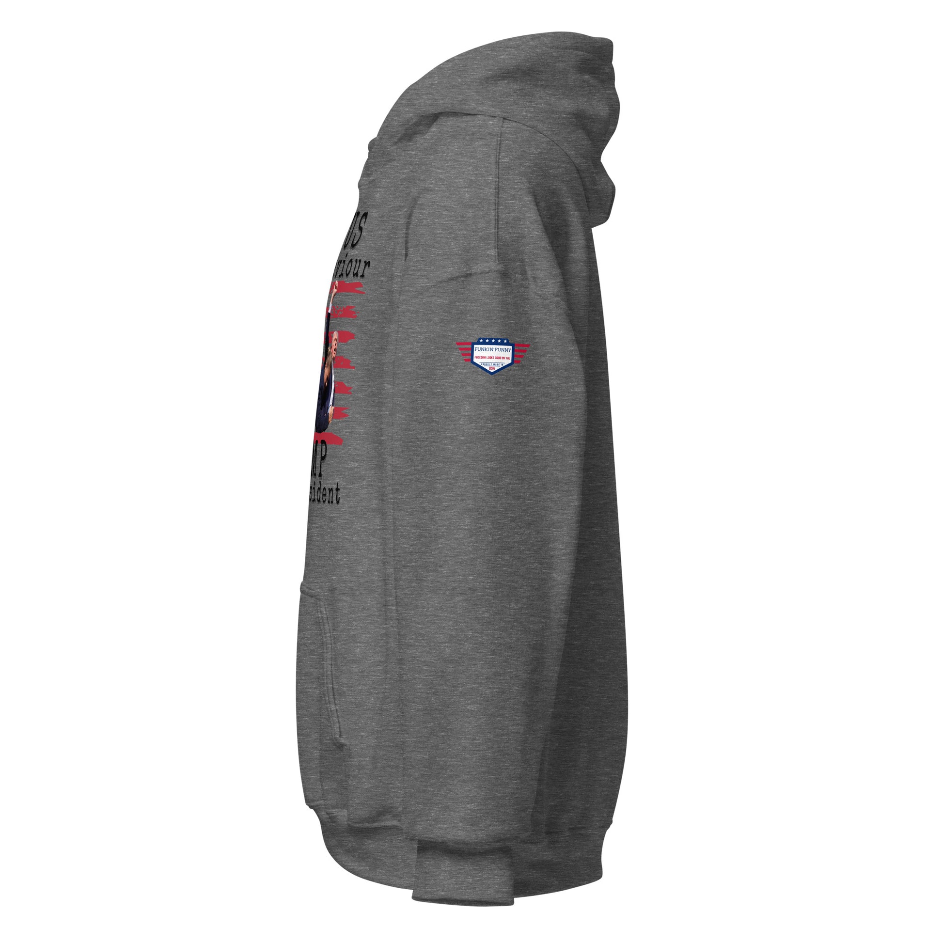 Right side view of heather gray unisex hoodie showing partial "Jesus" text, US flag sleeve patch, hood, pouch pocket