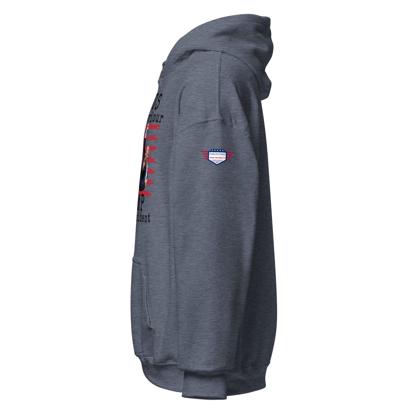 Side view of graphite heather unisex hoodie with partial white "Jesus is my saviour - Trump is my president", flag graphic edge