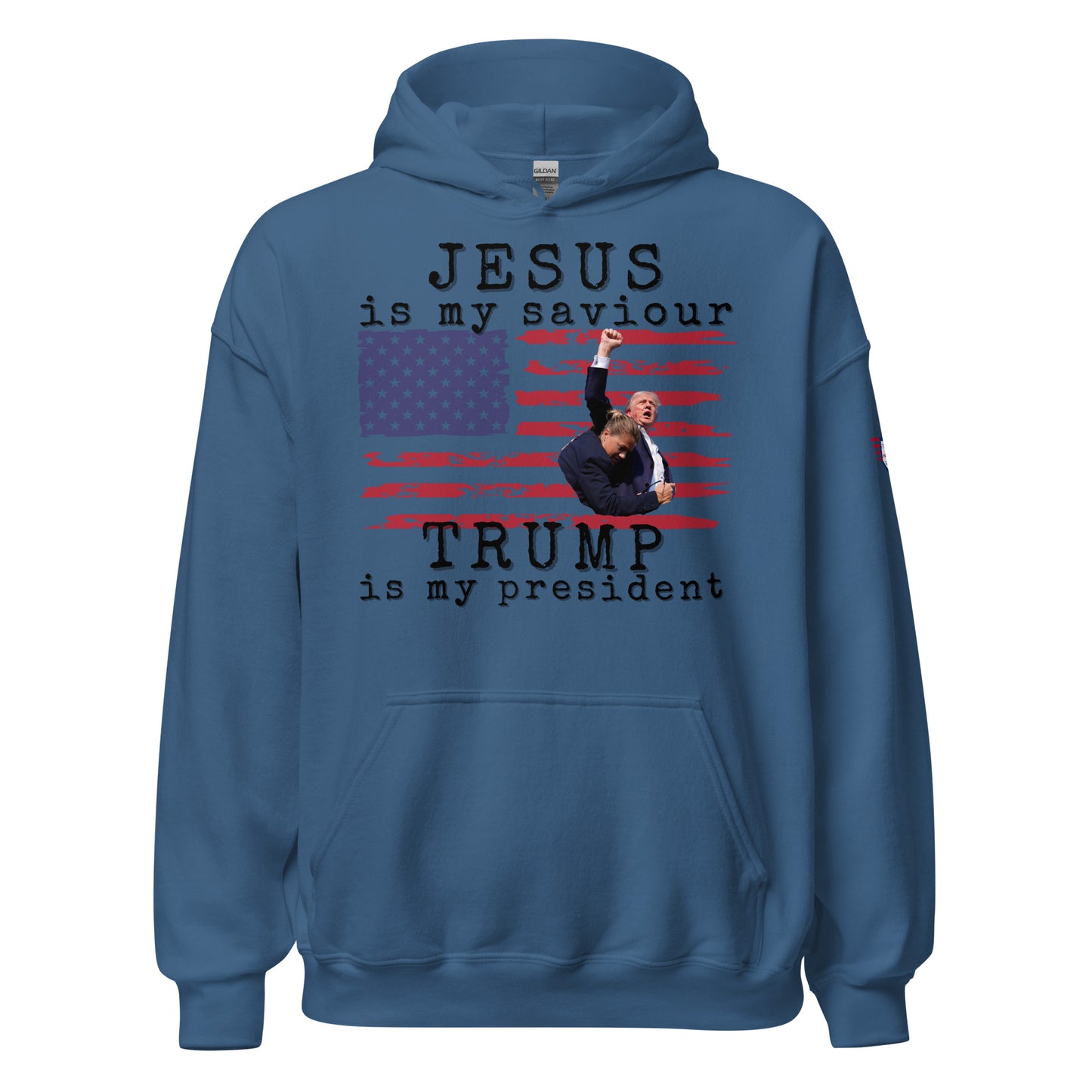 Front view of navy blue unisex hoodie with white "JESUS is my saviour", Trump on patriotic flag, "Trump is my president" text