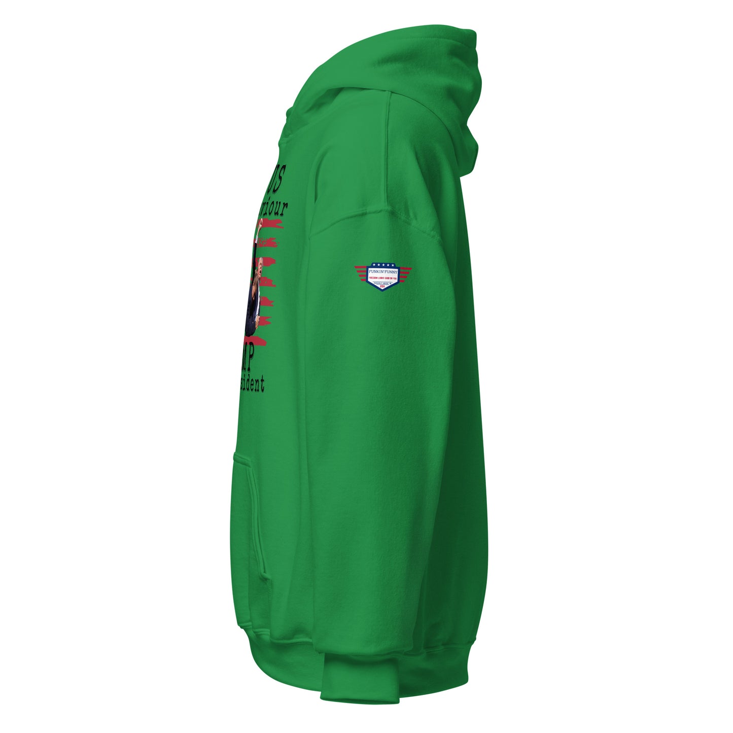 Right side view of green unisex hoodie with partial text, US flag sleeve patch, double hood, front pouch pocket