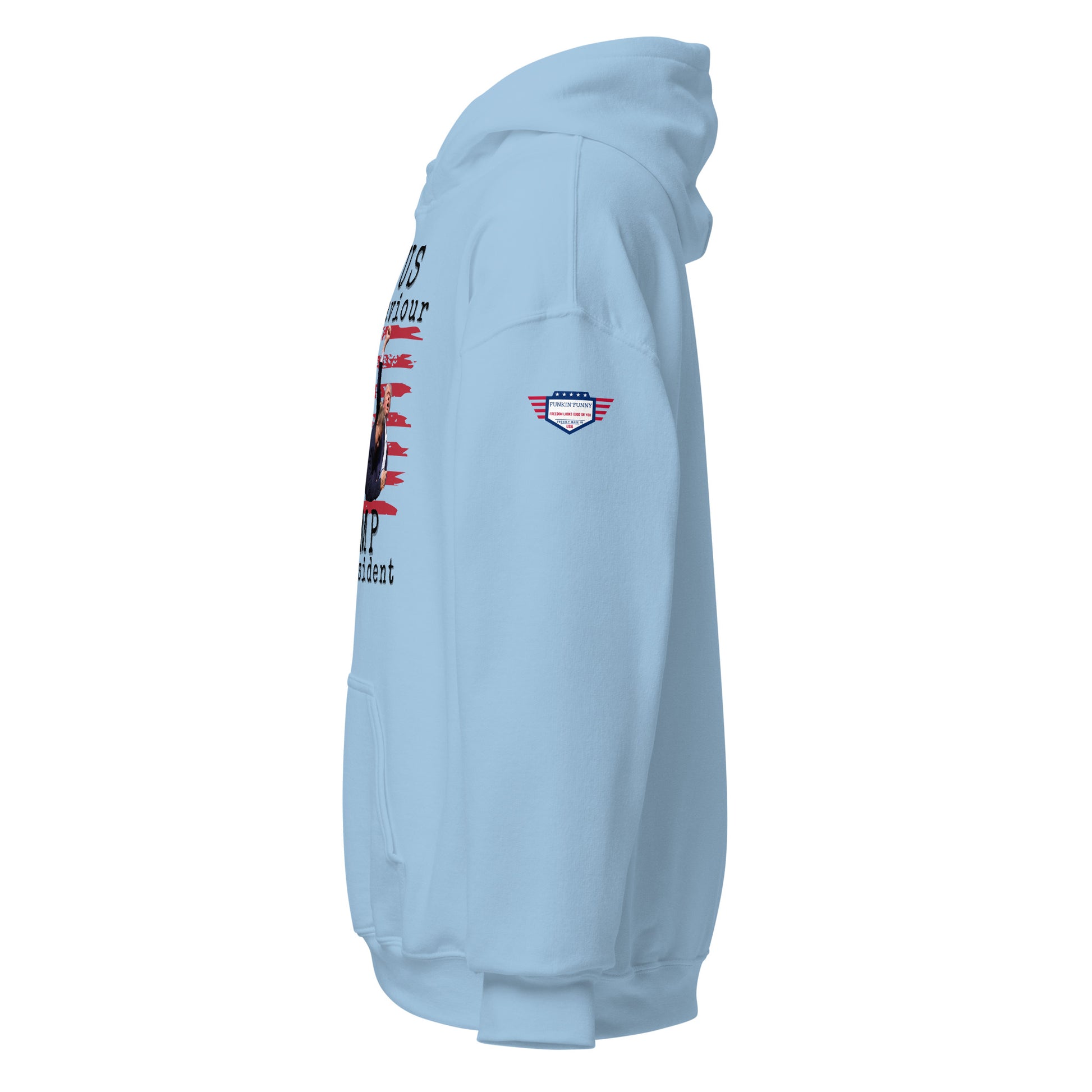 Right side view of light blue unisex hoodie showing partial patriotic print, USA patch on sleeve