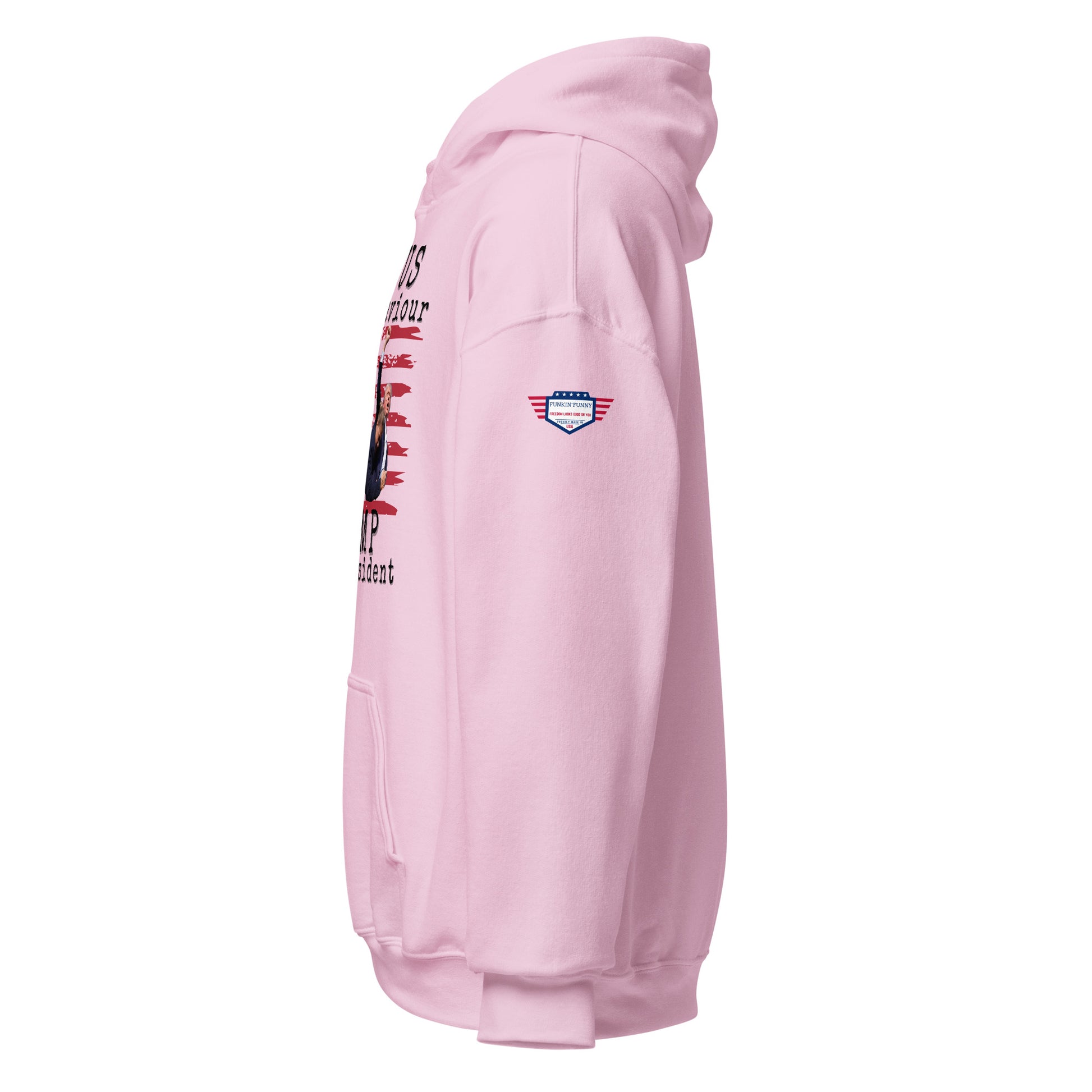 Right side view of light pink unisex hoodie with partial Trump flag print and USA sleeve patch