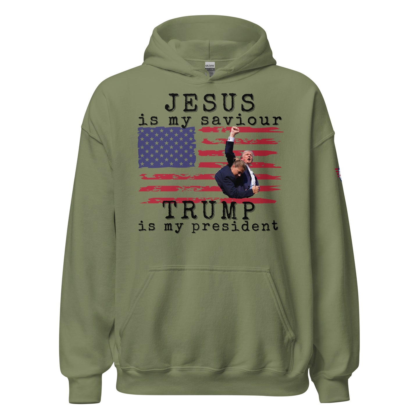 Front view of olive green unisex hoodie printing "JESUS is my saviour", Trump US flag art, "Trump is my president"