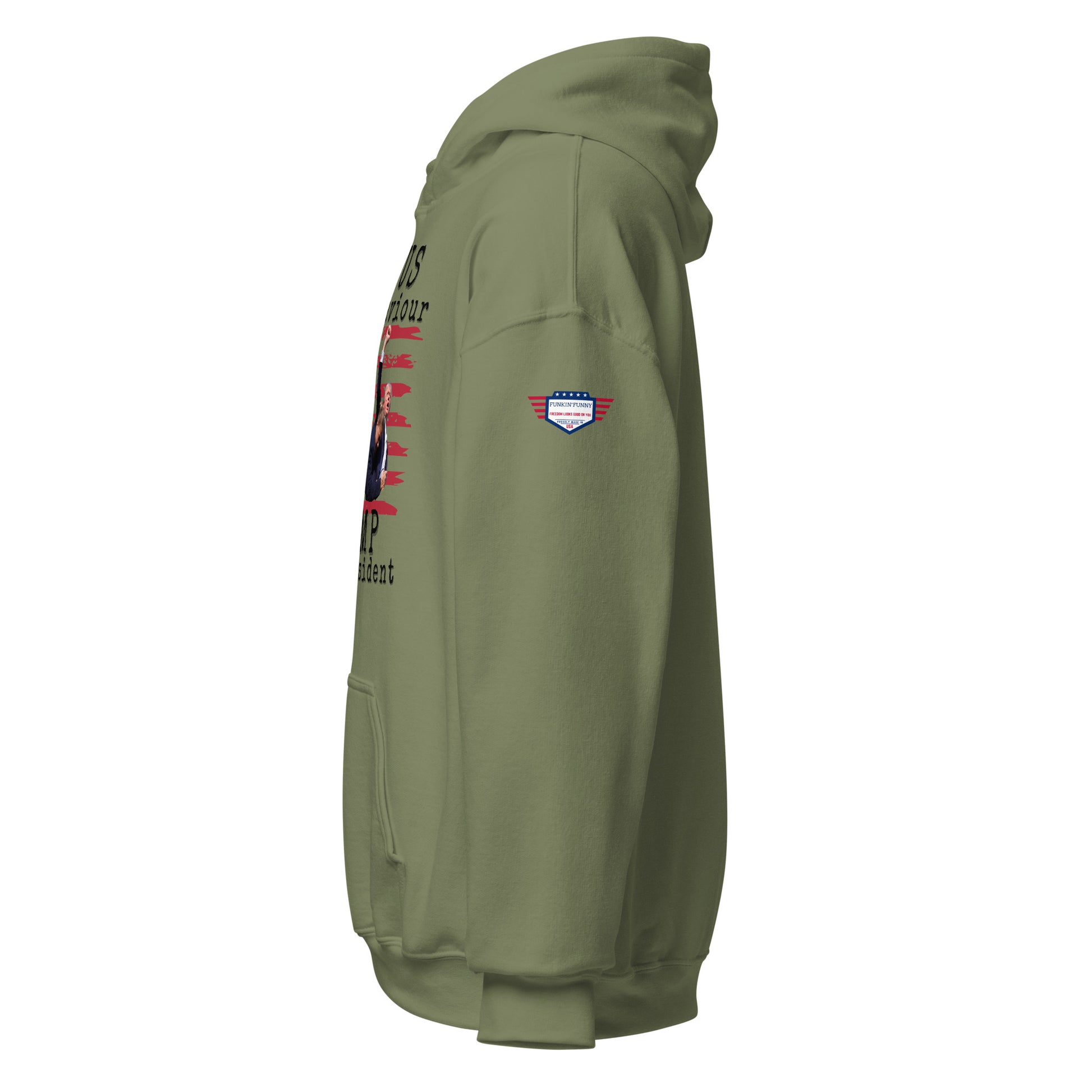 Right side view of olive green unisex hoodie with partial "Jesus" print, sleeve US flag patch, hood, ribbed cuffs