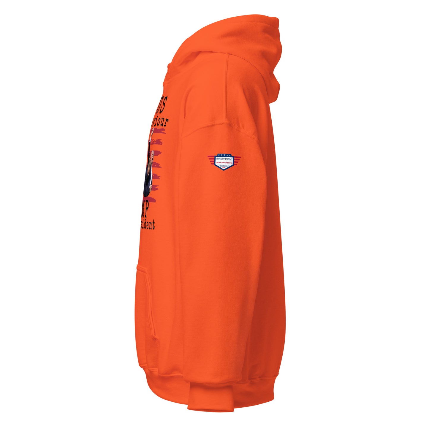 Right side view of orange unisex hoodie showing edge text, US flag patch on sleeve, hood and pouch pocket details