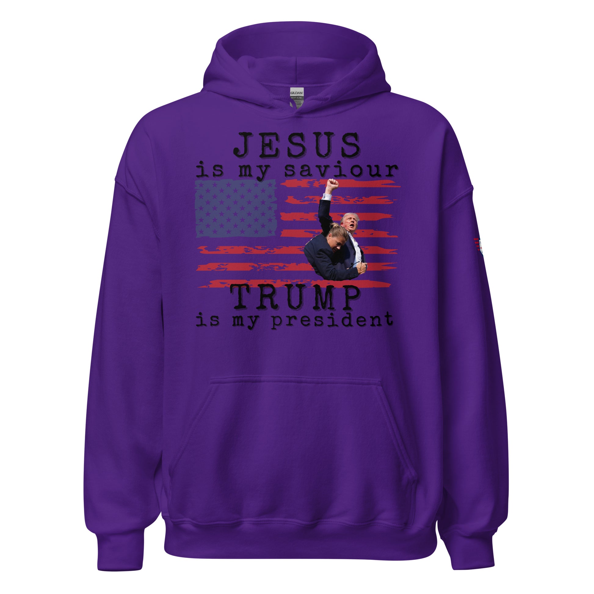 Front view of purple unisex hoodie featuring white "JESUS is my saviour", Trump flag graphic, "Trump is my president" print