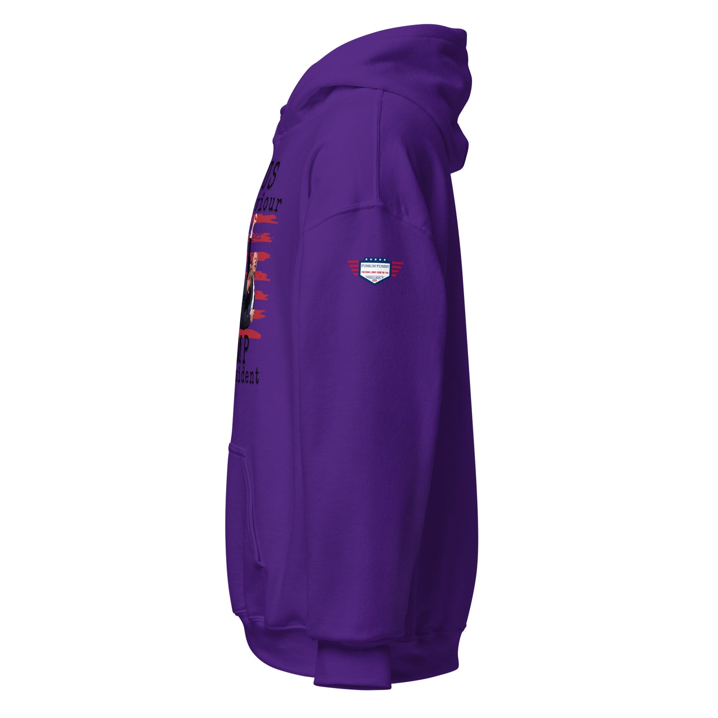 Side view of purple unisex hoodie showing partial "Jesus is my saviour - Trump is my president" text, flag graphic, sleeve flag patch