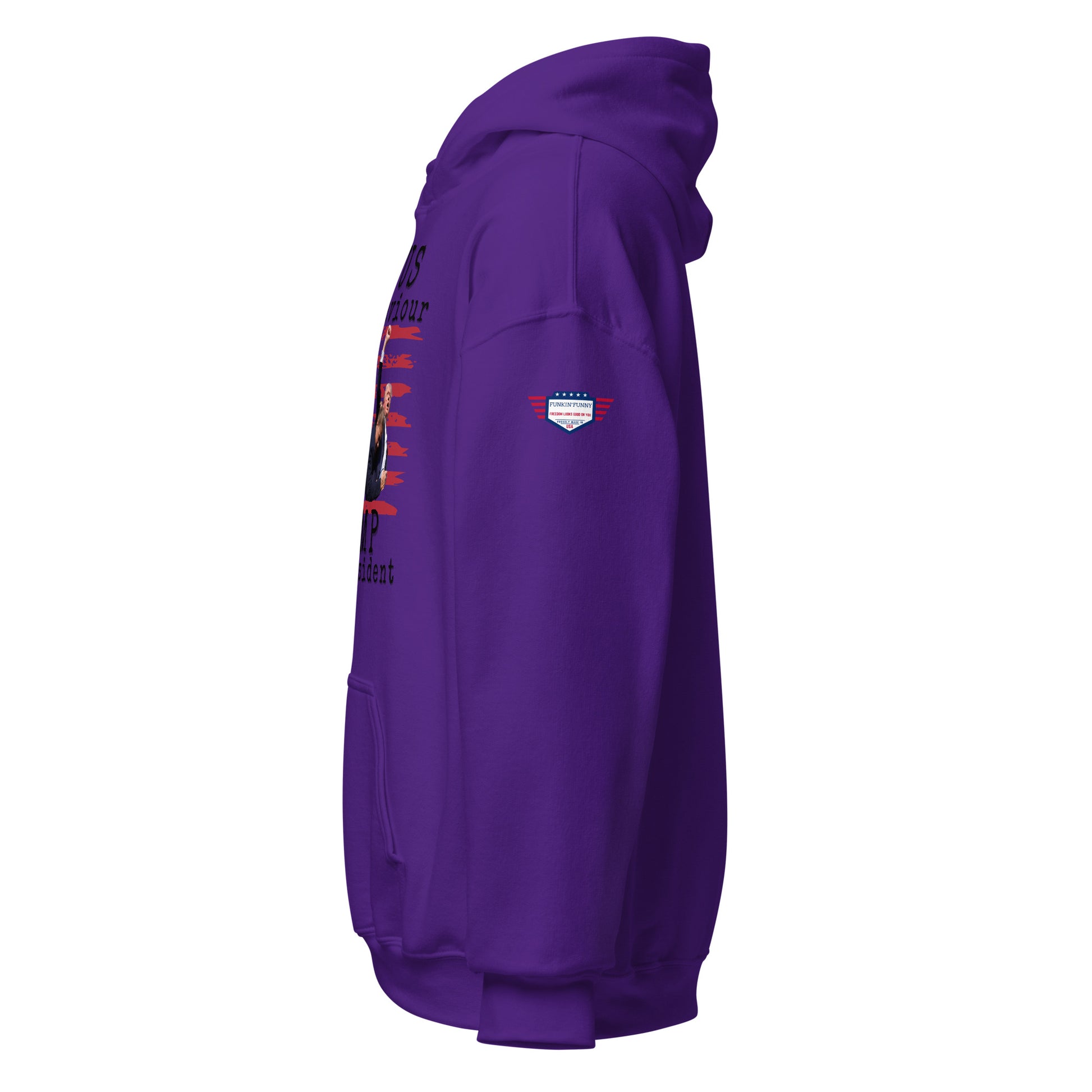 Side view of purple unisex hoodie showing partial "Jesus is my saviour - Trump is my president" text, flag graphic, sleeve flag patch