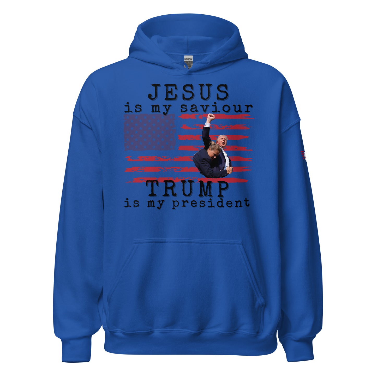 Front view of royal blue unisex hoodie displaying white "JESUS is my saviour", Trump flag graphic, "Trump is my president"