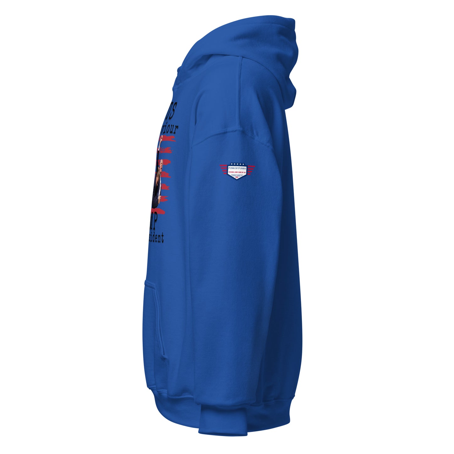Side view of royal blue unisex hoodie revealing partial "Jesus is my saviour - Trump is my president", flag design, flag patch