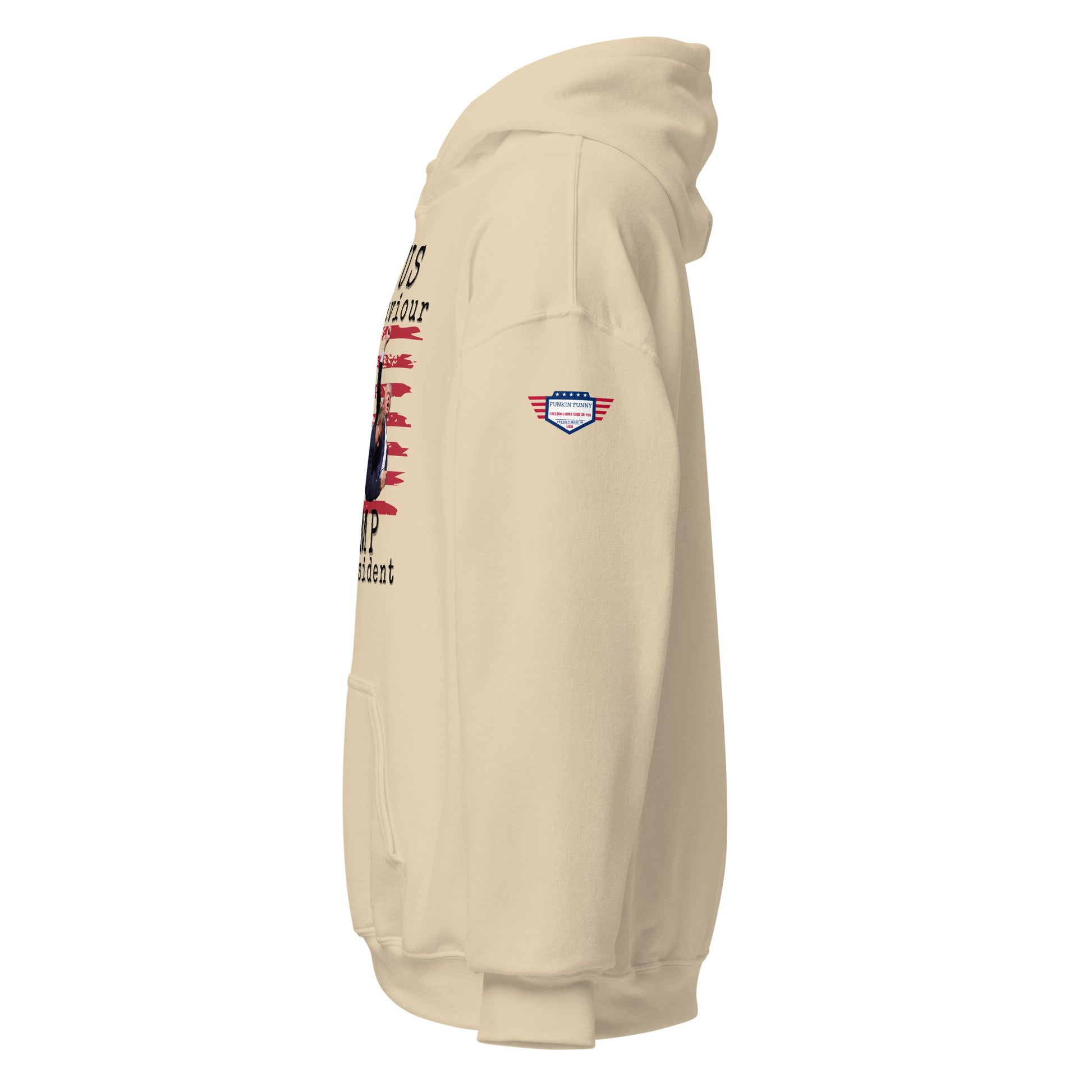 Right side view of beige unisex hoodie, edge of flag graphic visible, USA sleeve emblem, front pocket
