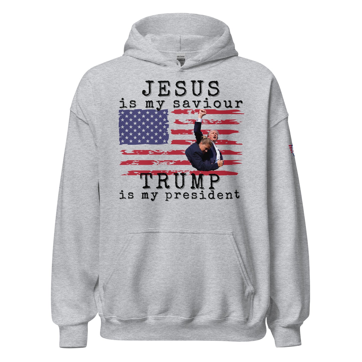 Front view of light heather gray unisex hoodie with "JESUS is my saviour - Trump is my president" and flag Trump graphic
