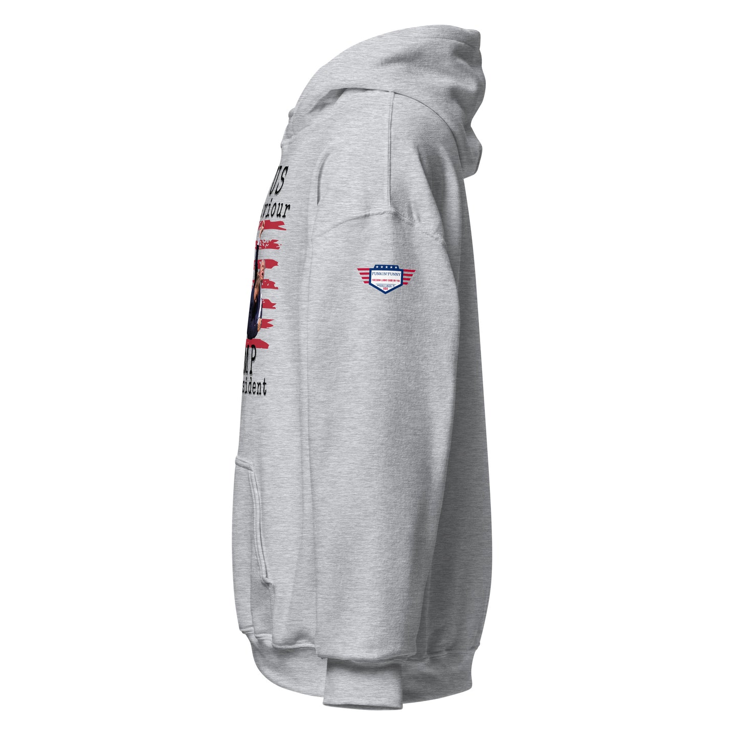 Right side view of light heather gray unisex hoodie featuring partial text, US flag sleeve emblem, pouch pocket