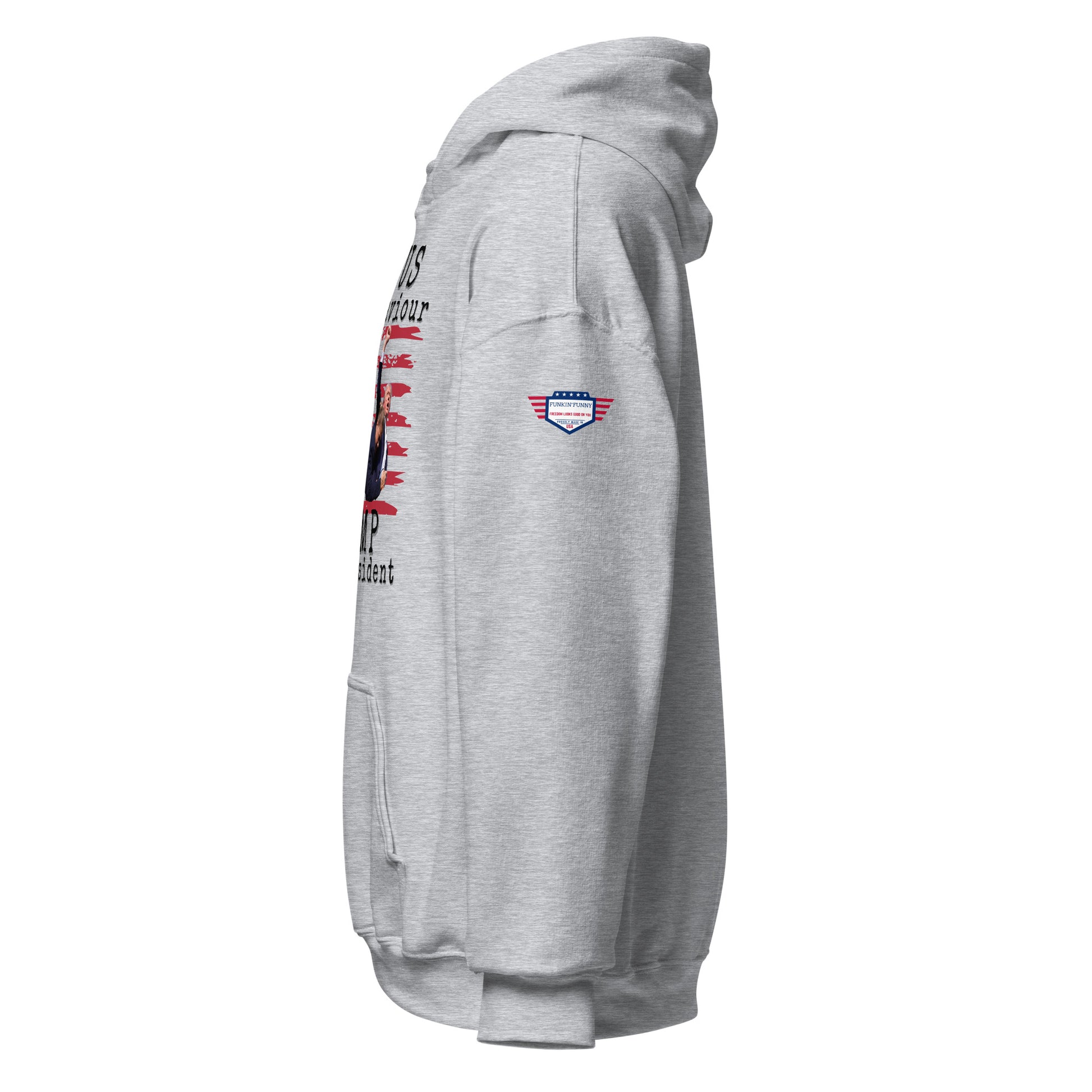 Right side view of light heather gray unisex hoodie featuring partial text, US flag sleeve emblem, pouch pocket
