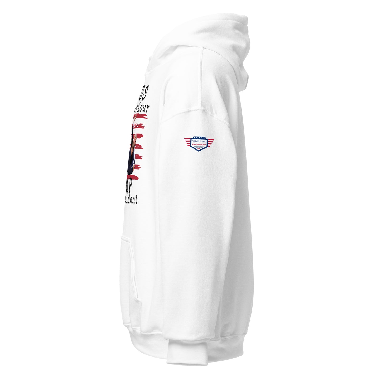 Right side view of white unisex hoodie, hint of flag-Trump graphic, USA sleeve patch visible