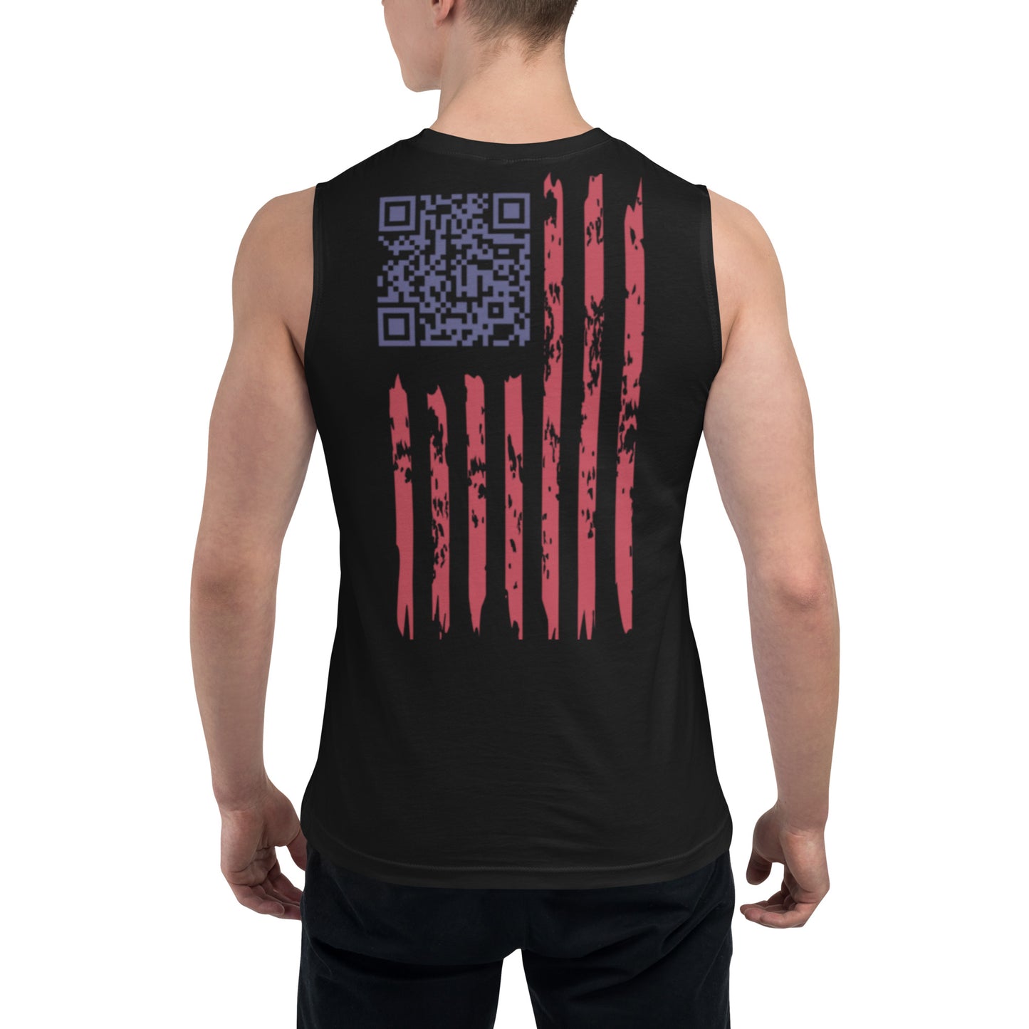 Back view of male model in black muscle tank with purple QR code and distressed flag stripes