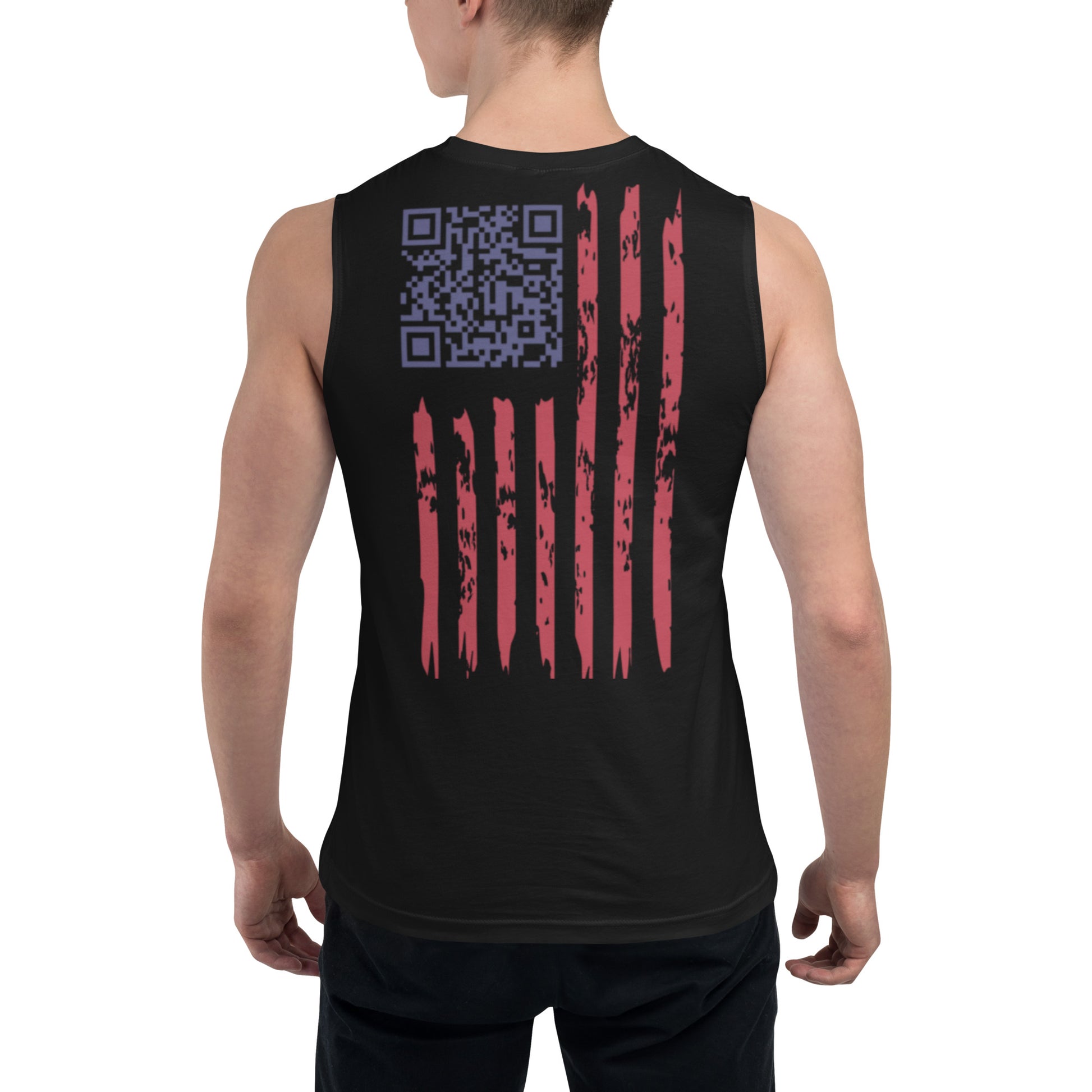 Back view of male model in black muscle tank with purple QR code and distressed flag stripes