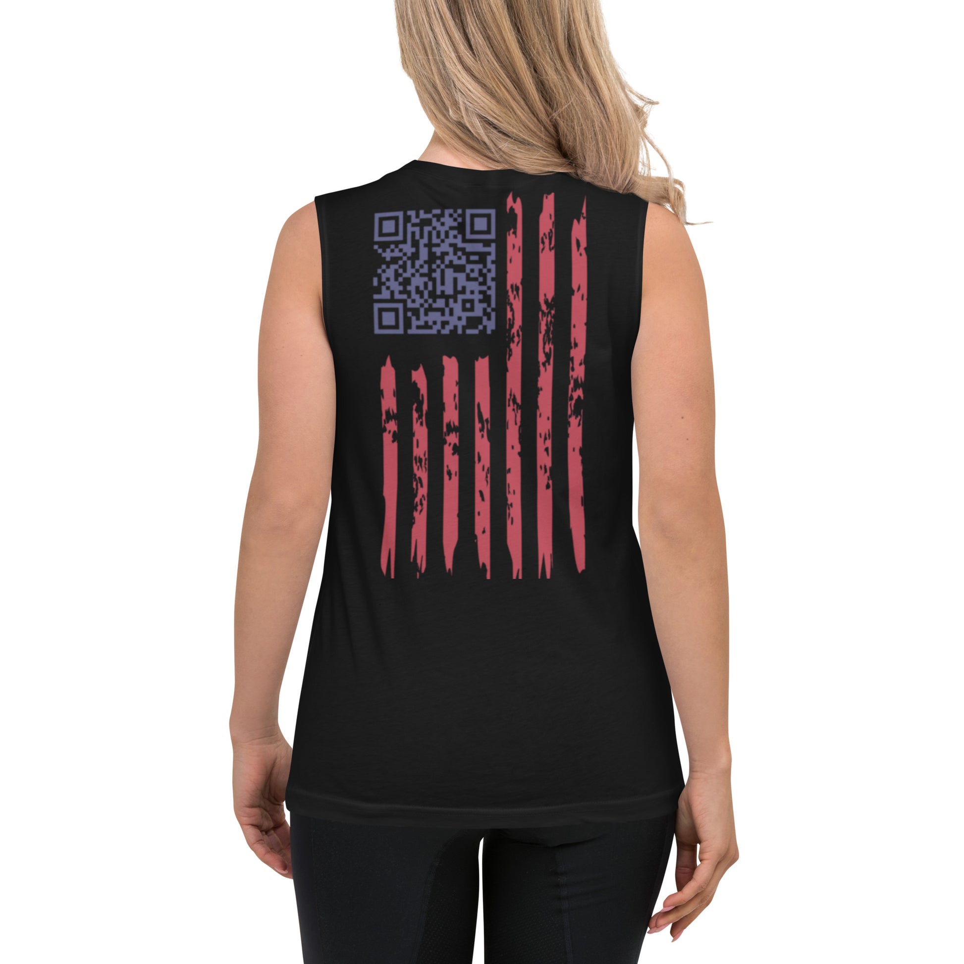 Back view of female model in black muscle tank: purple QR over red distressed flag