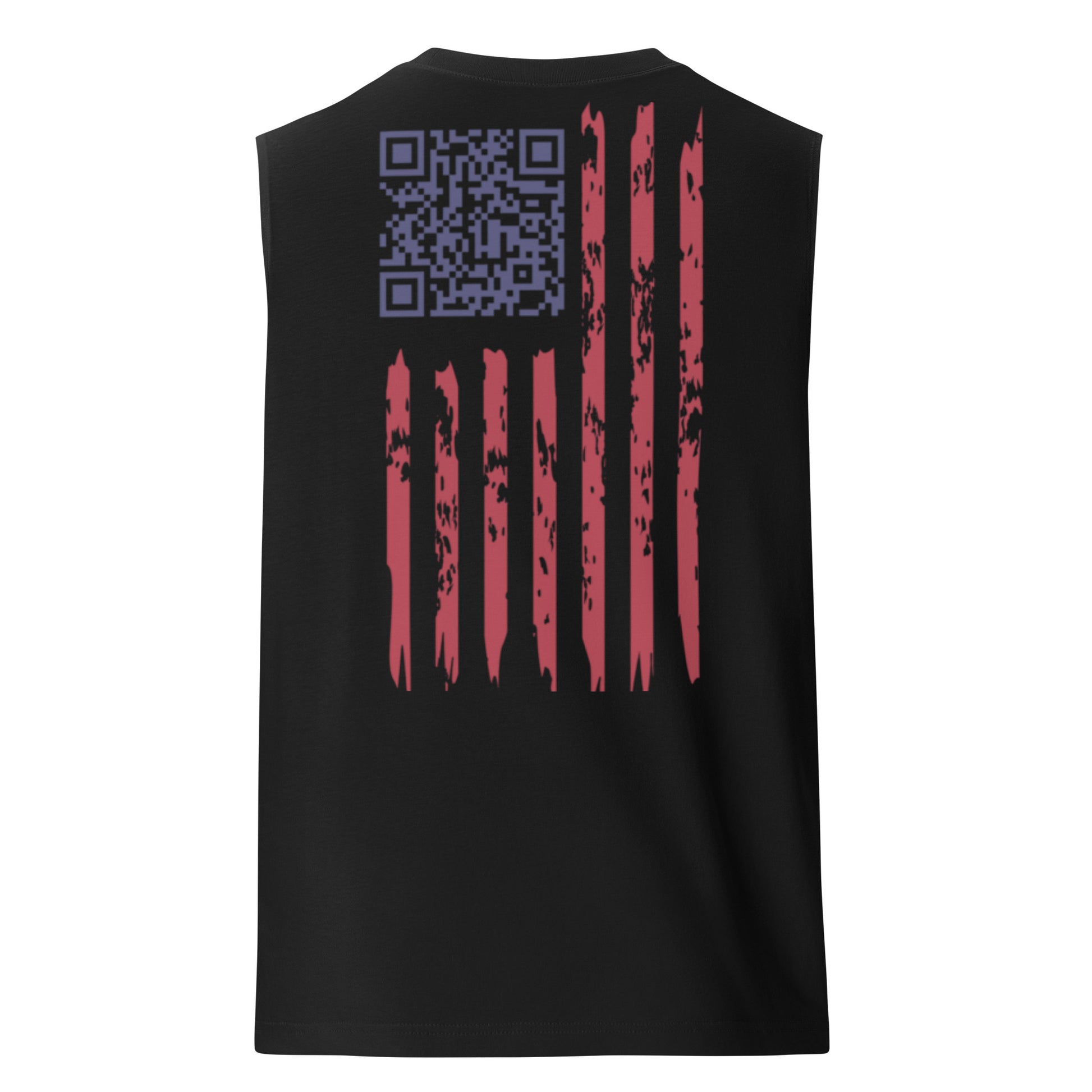 Back view of black muscle tank featuring purple QR code on distressed flag design