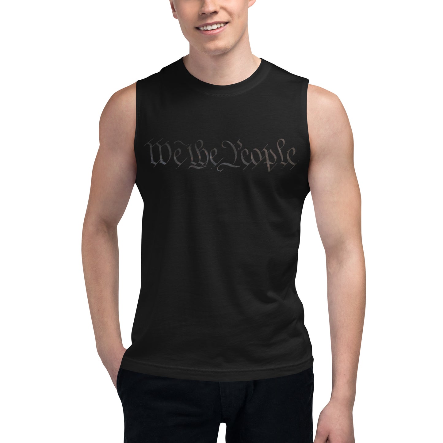 Smiling male model in front-facing black muscle tank with gray "We the People" script