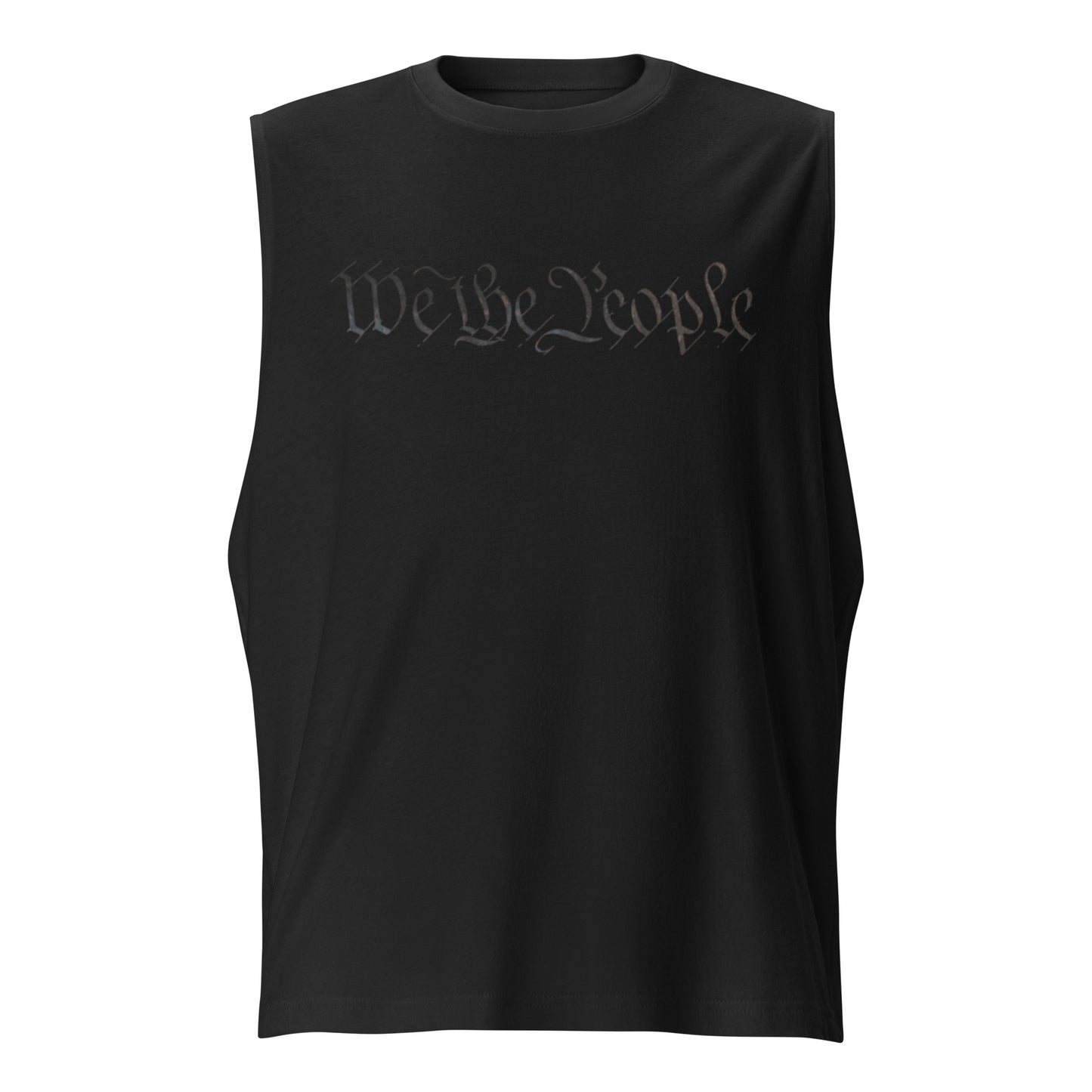 Front view of black muscle tank with subtle gray "We the People" cursive print