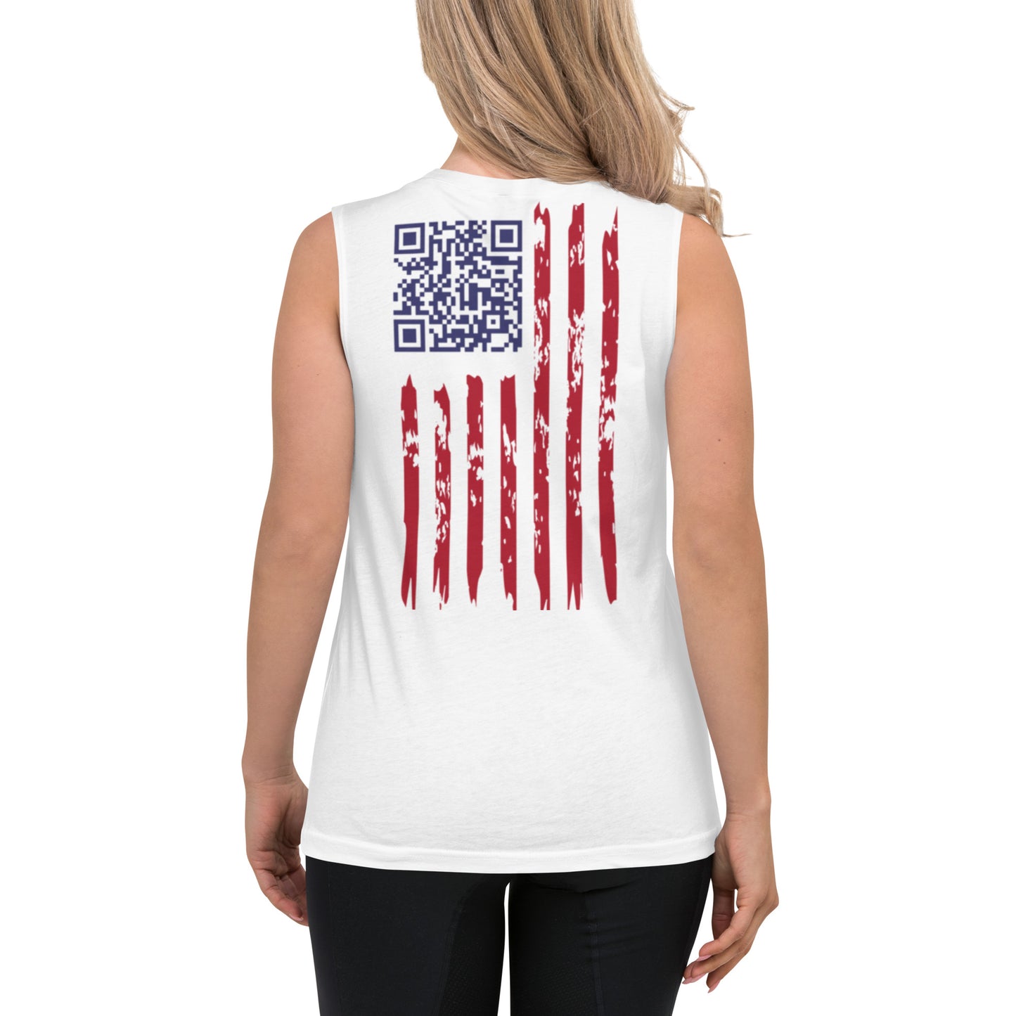 Back view of female model in white muscle tank with blue QR code and distressed flag