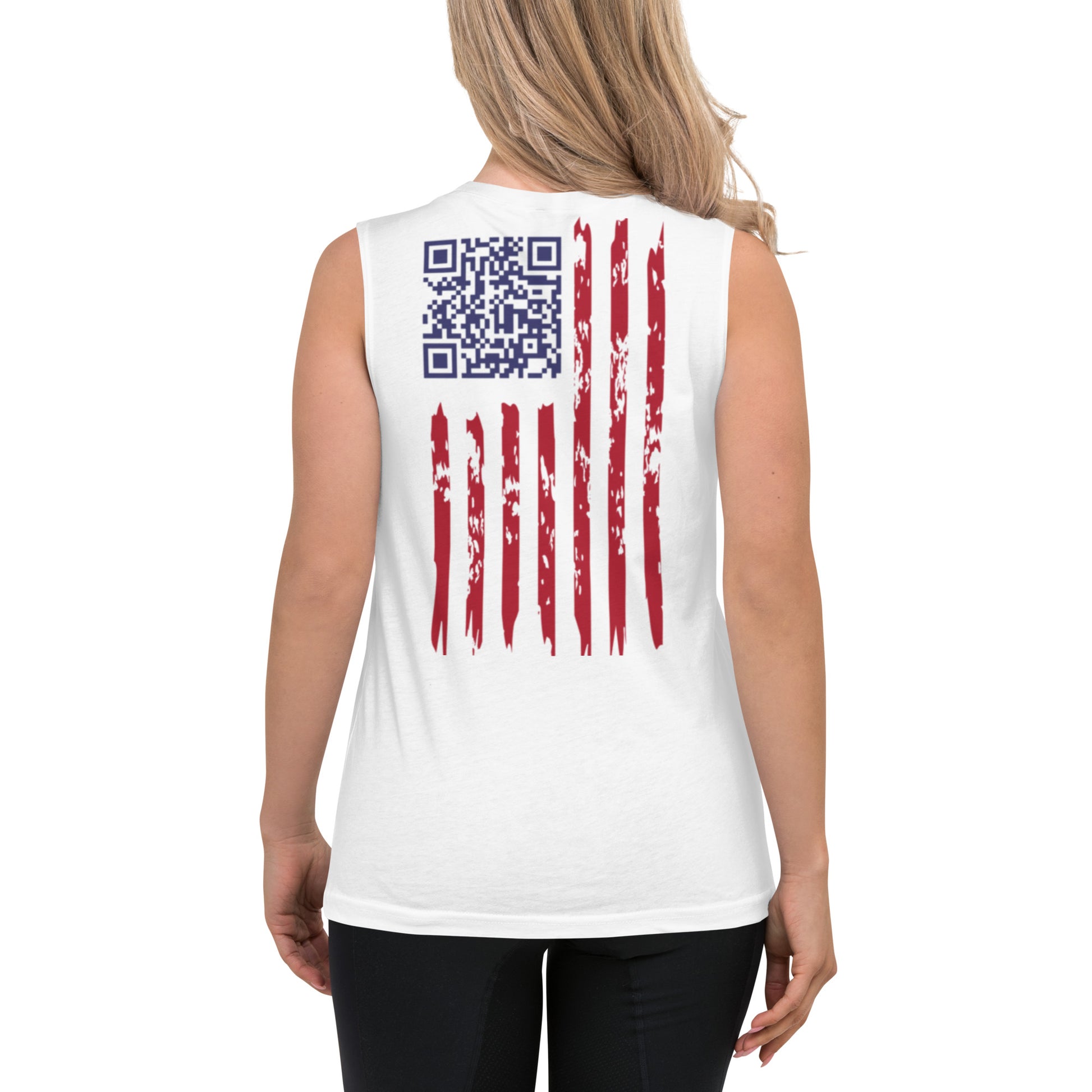 Back view of female model in white muscle tank with blue QR code and distressed flag