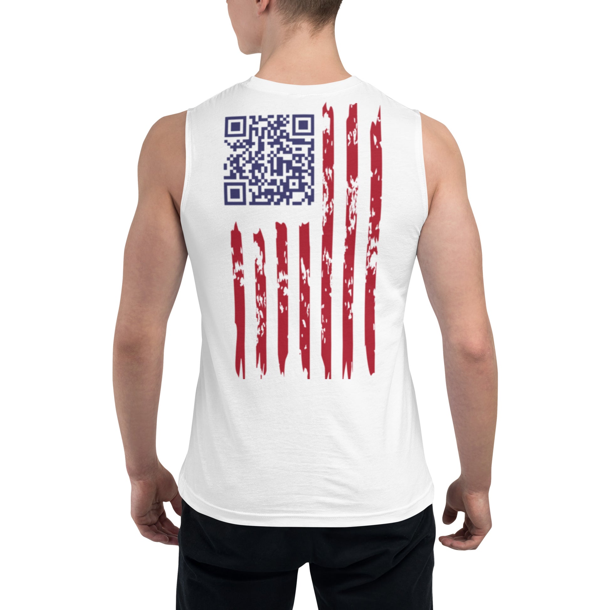 Back view of male model in white muscle tank: blue QR atop distressed American flag