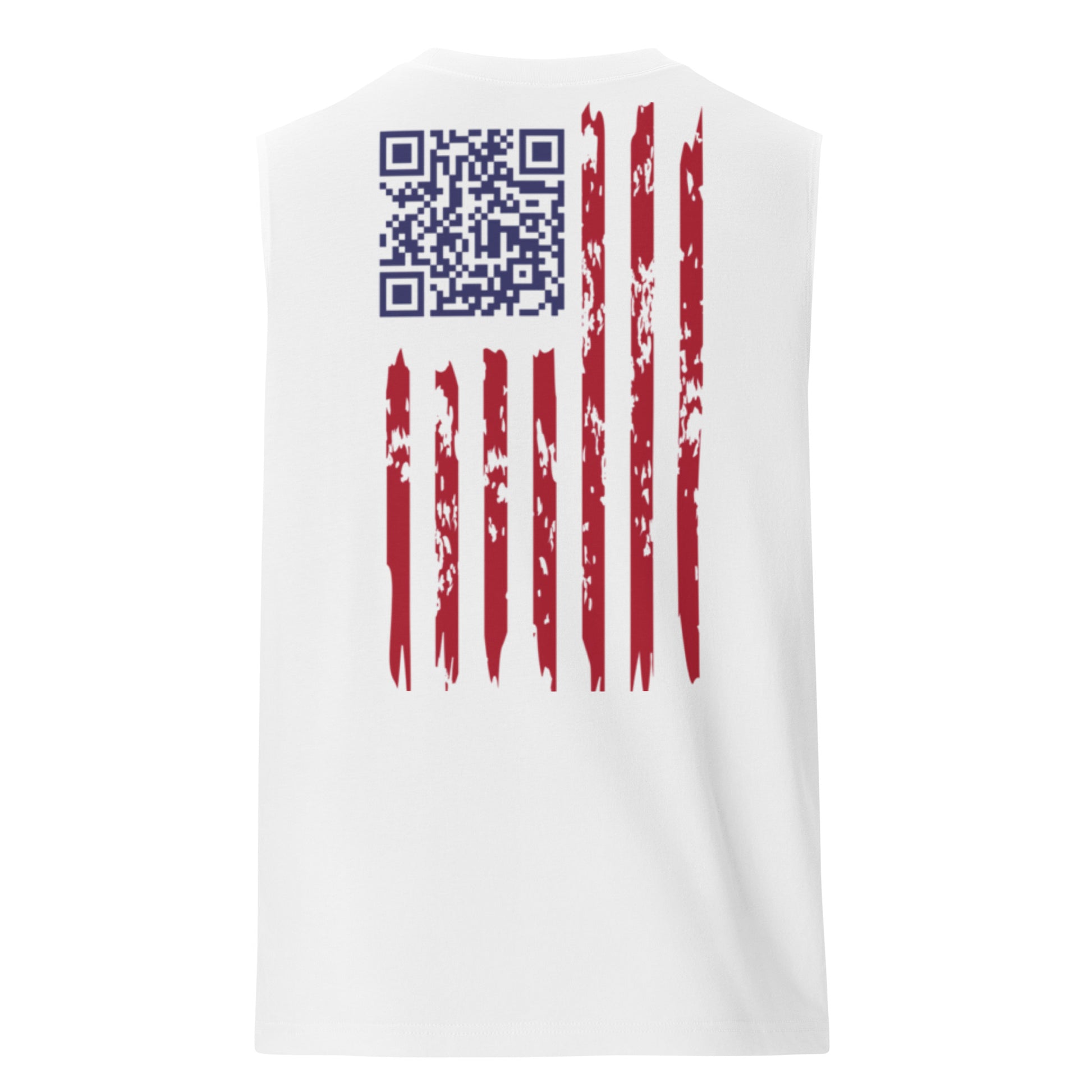Back view of white muscle tank with blue QR code over red-and-white distressed stripes