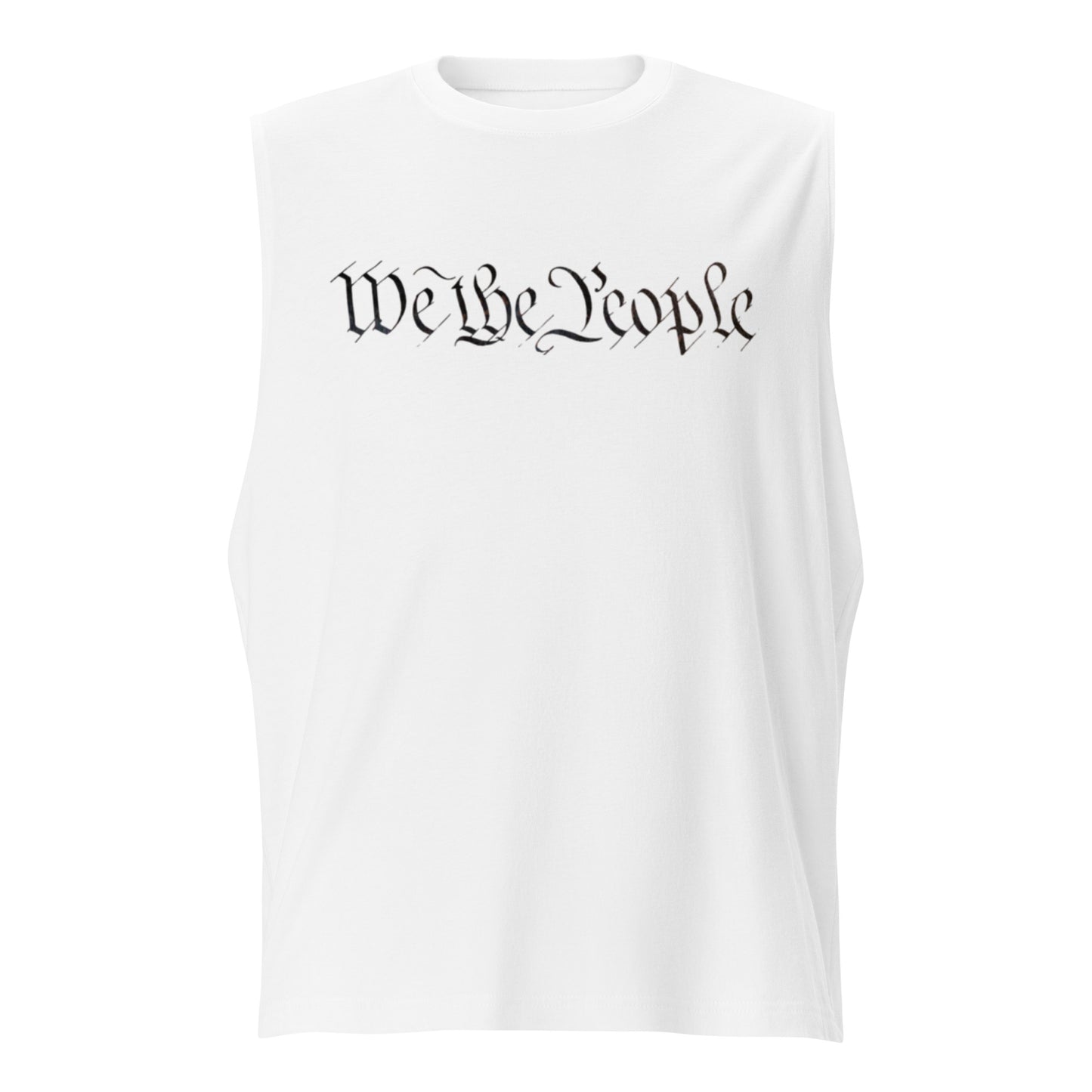 Front view of white muscle tank with black cursive "We the People" across chest