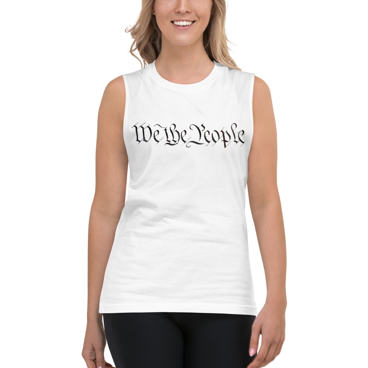 Smiling female model rocking front view of white muscle tank with black "We the People"
