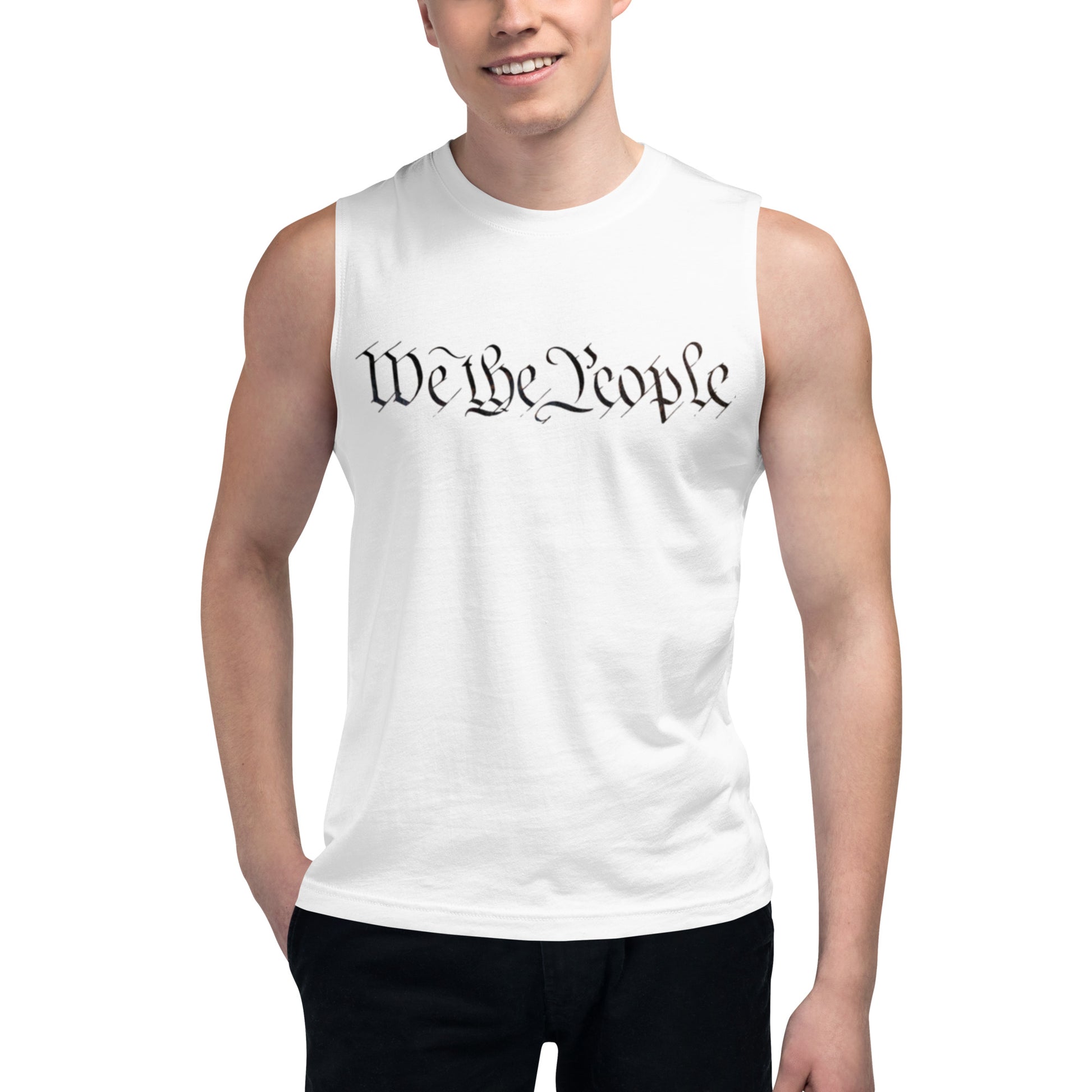Smiling male model in white muscle tank, front view showing black cursive "We the People"