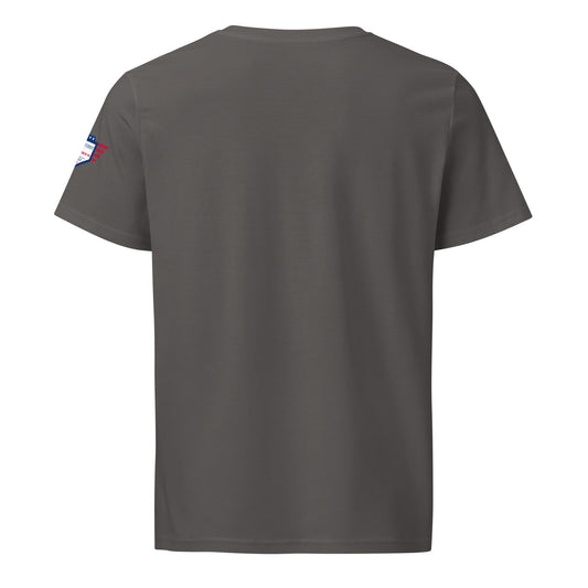 Back view of heather grey organic t-shirt, plain with small USA flag patch on left sleeve