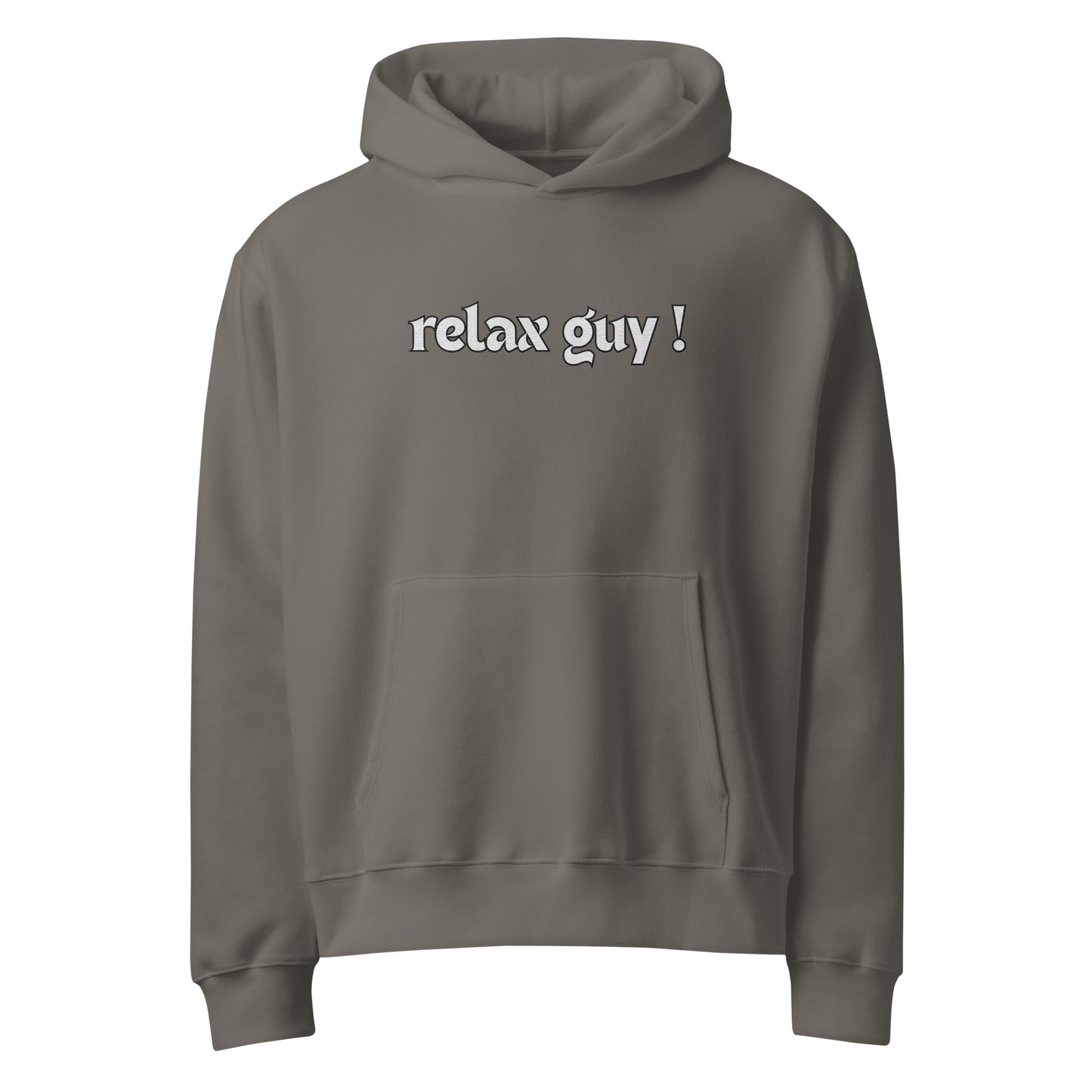 Front view of dark gray oversized hoodie with bold white "relax guy !" chest print and kangaroo pocket