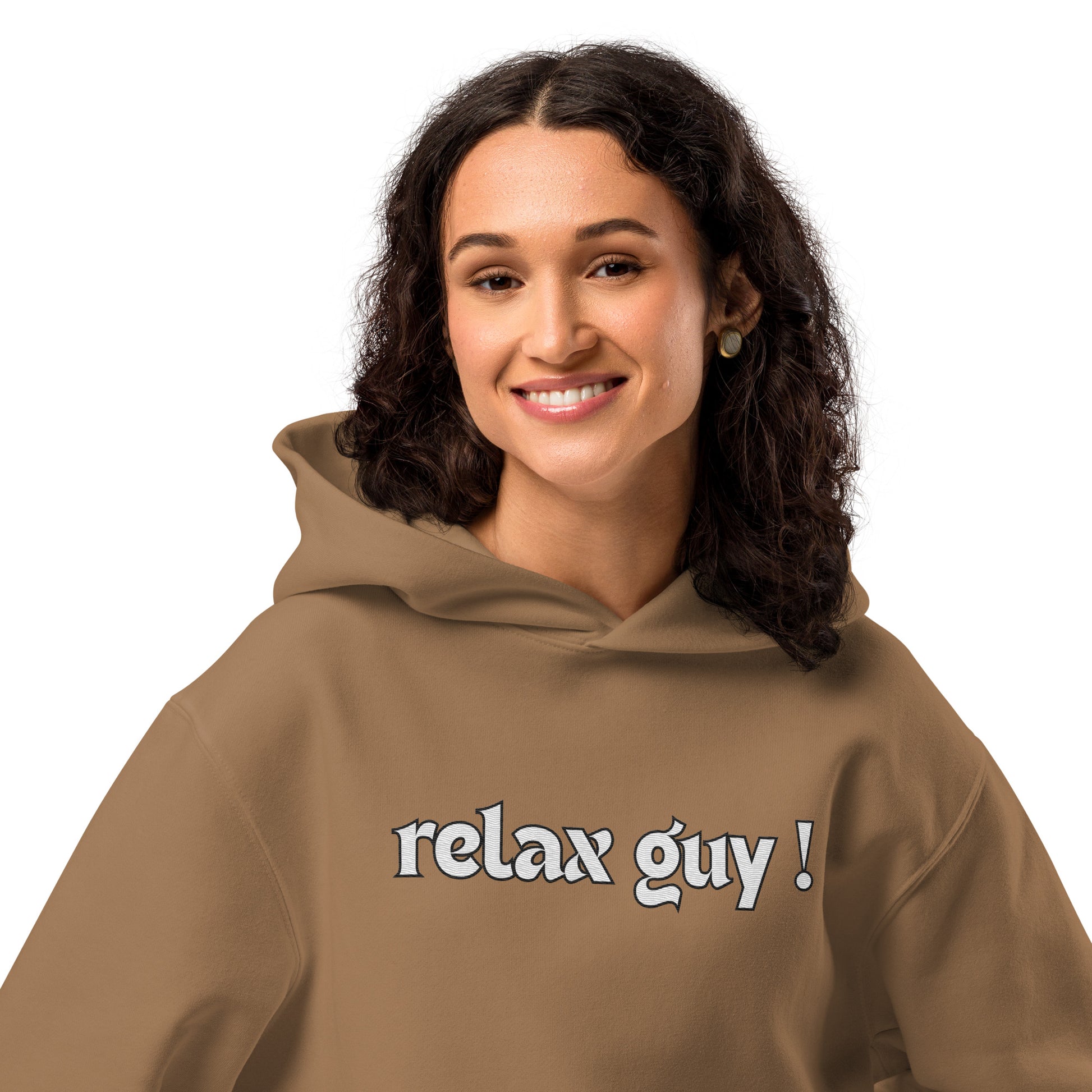 Woman grinning in vintage brown oversized hoodie, front view white "relax guy!" text