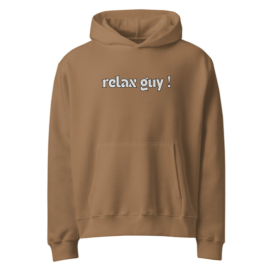 Front view of vintage brown oversized hoodie with white "relax guy !" text, perfect chill vibes