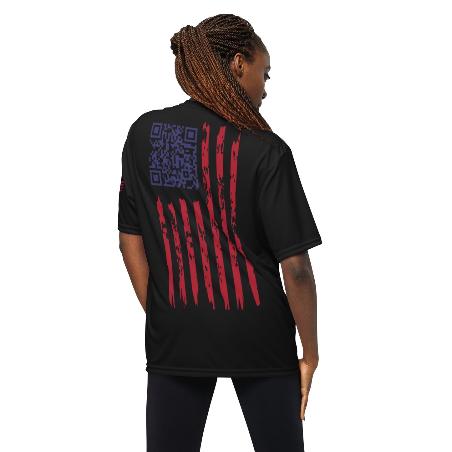 Woman’s back view of black performance tee: purple QR code in distressed flag stripes