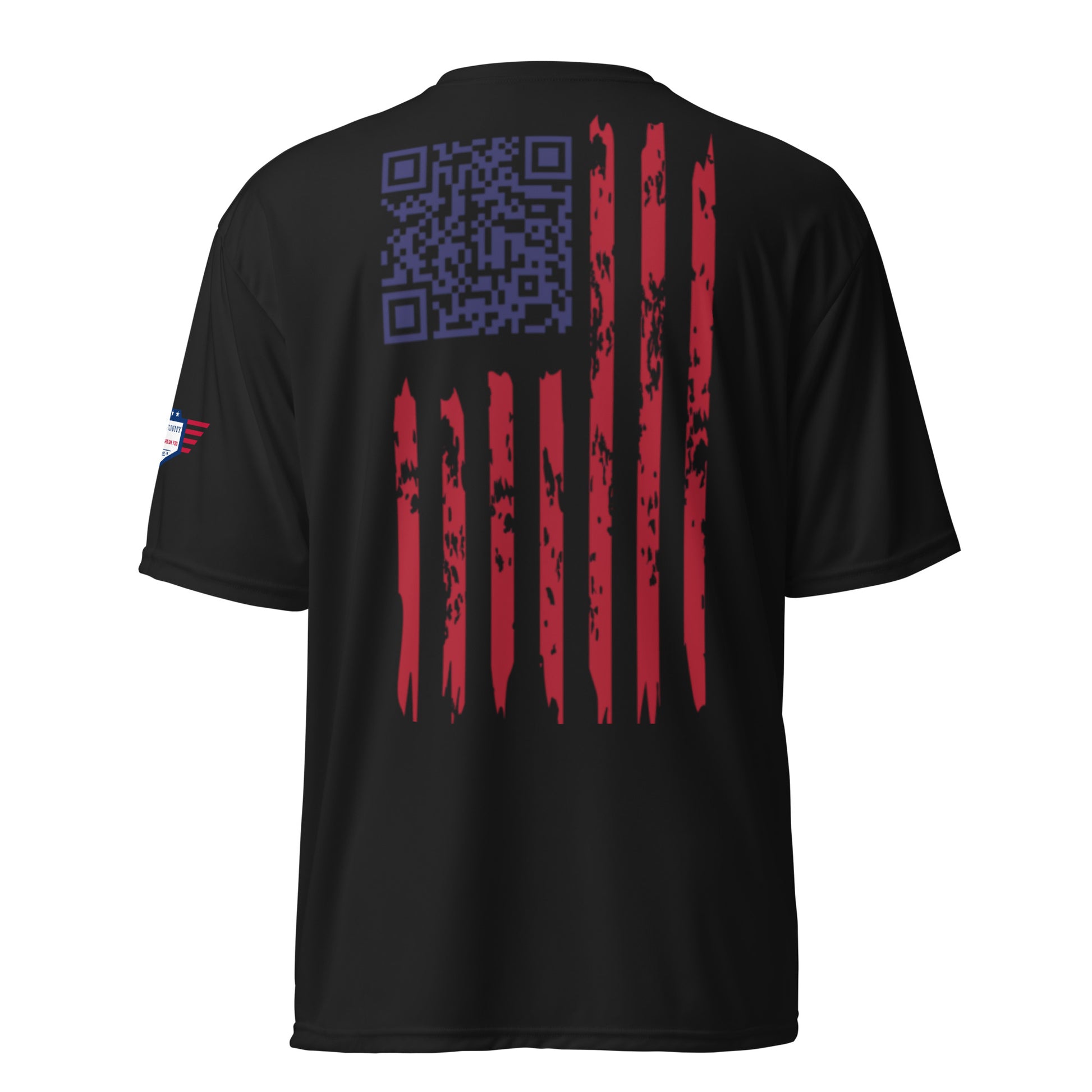 Flat back of black performance tee: blue QR code blended into distressed red-white flag stripes