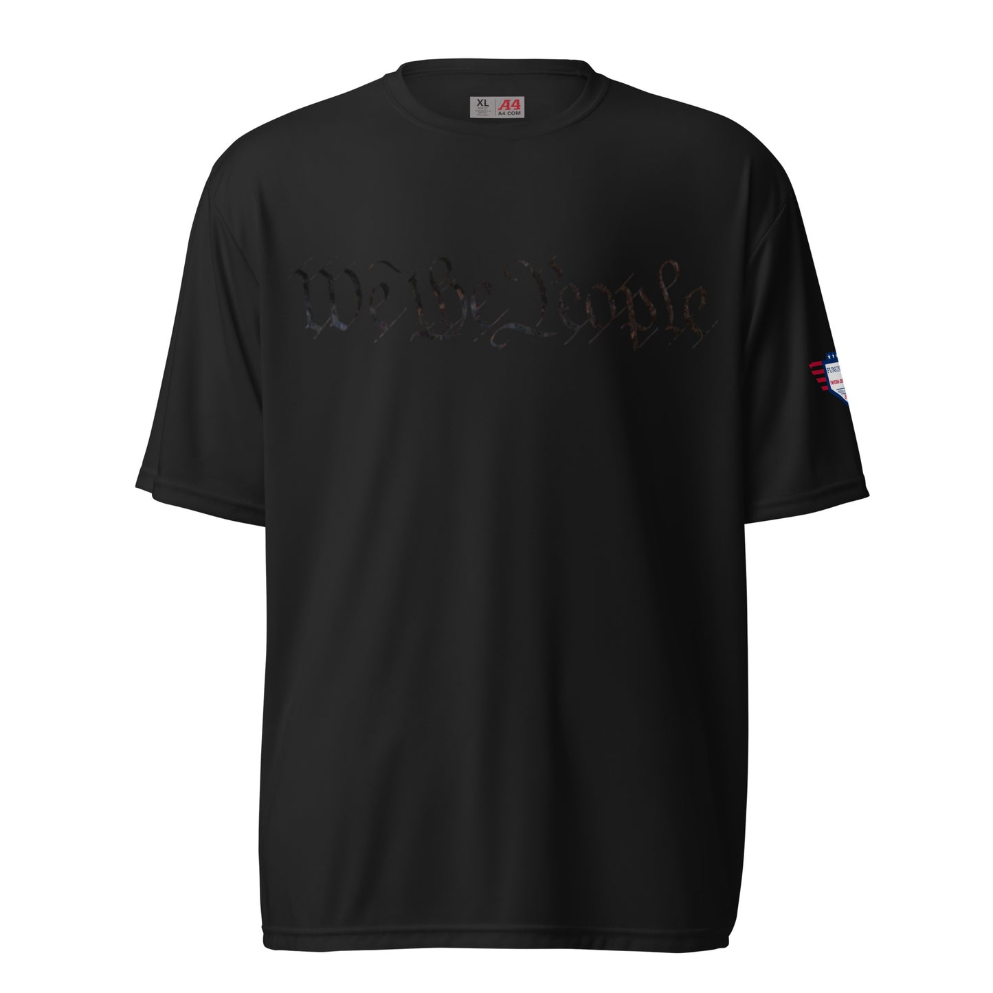 Flat front of black performance crew tee: shadowy "We The People" script, flag sleeve patch, AS tag
