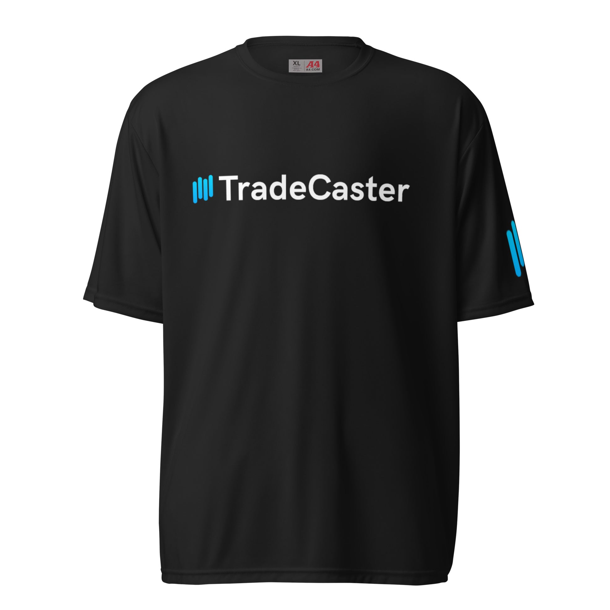 Front view of black TradeCaster performance crew tee with cyan signal bars and logo, AS tag at neck