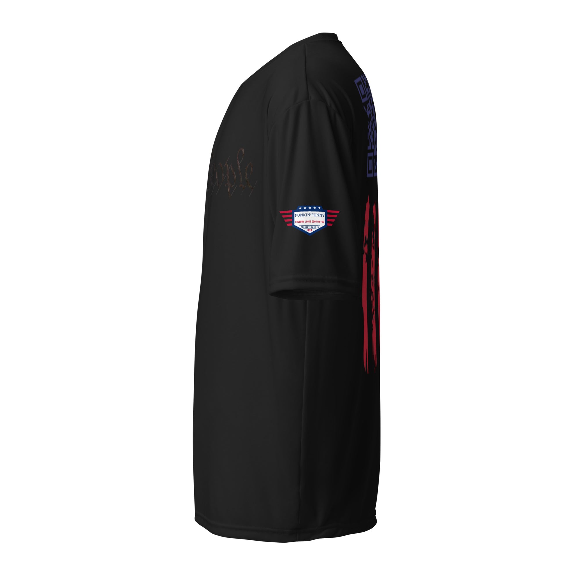 Side profile of black performance tee highlighting sleeve flag patch and subtle red stripe edge
